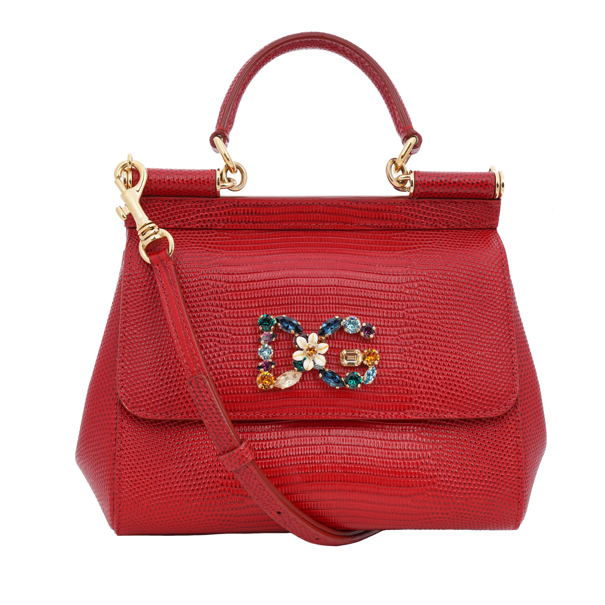 Eidechse Print Leder DG Kristall Logo Tasche SICILY Rot Gold