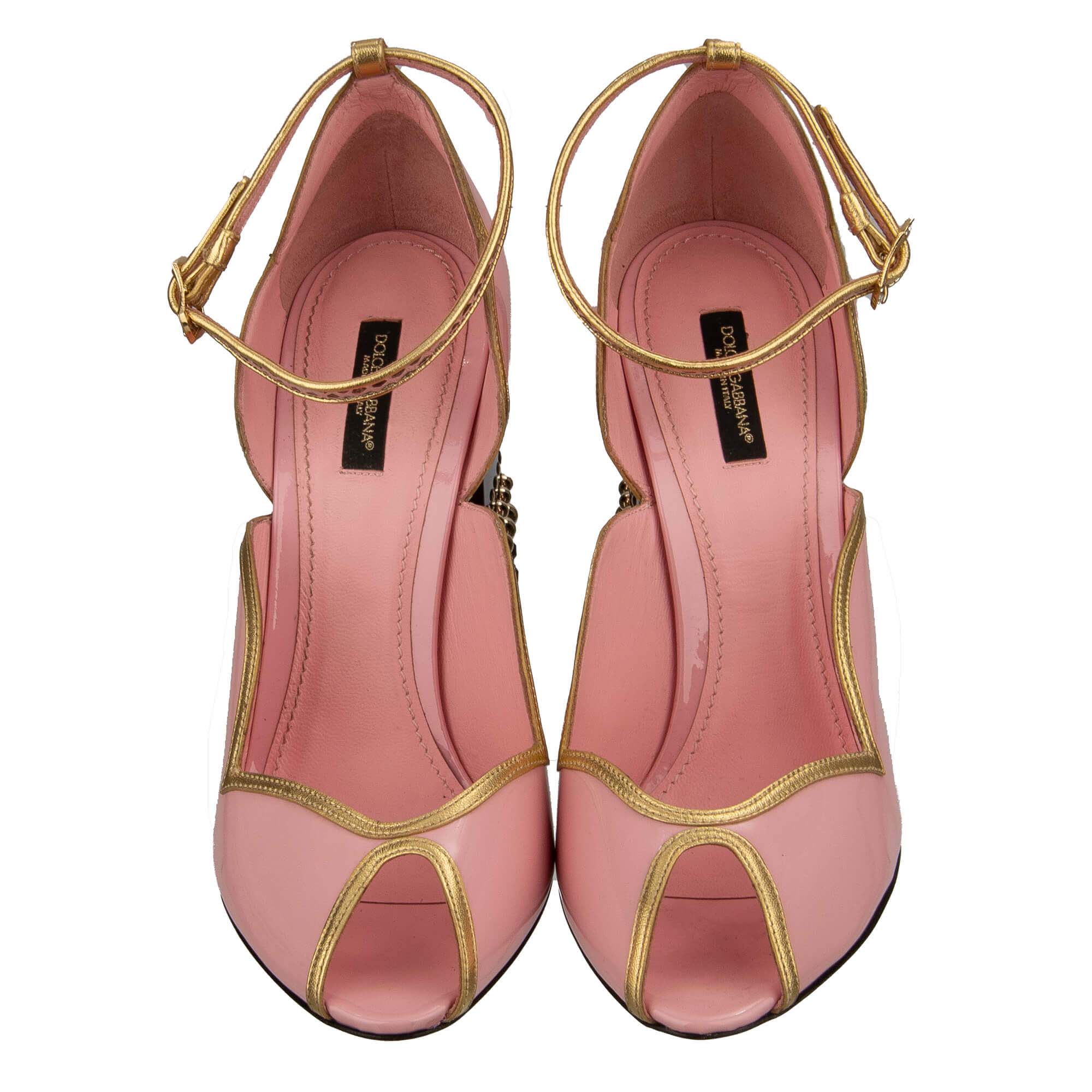 Patent Leather High Heel Sandals BETTE with crystal, pearl embellished heel and snake strap closure by DOLCE & GABBANA
