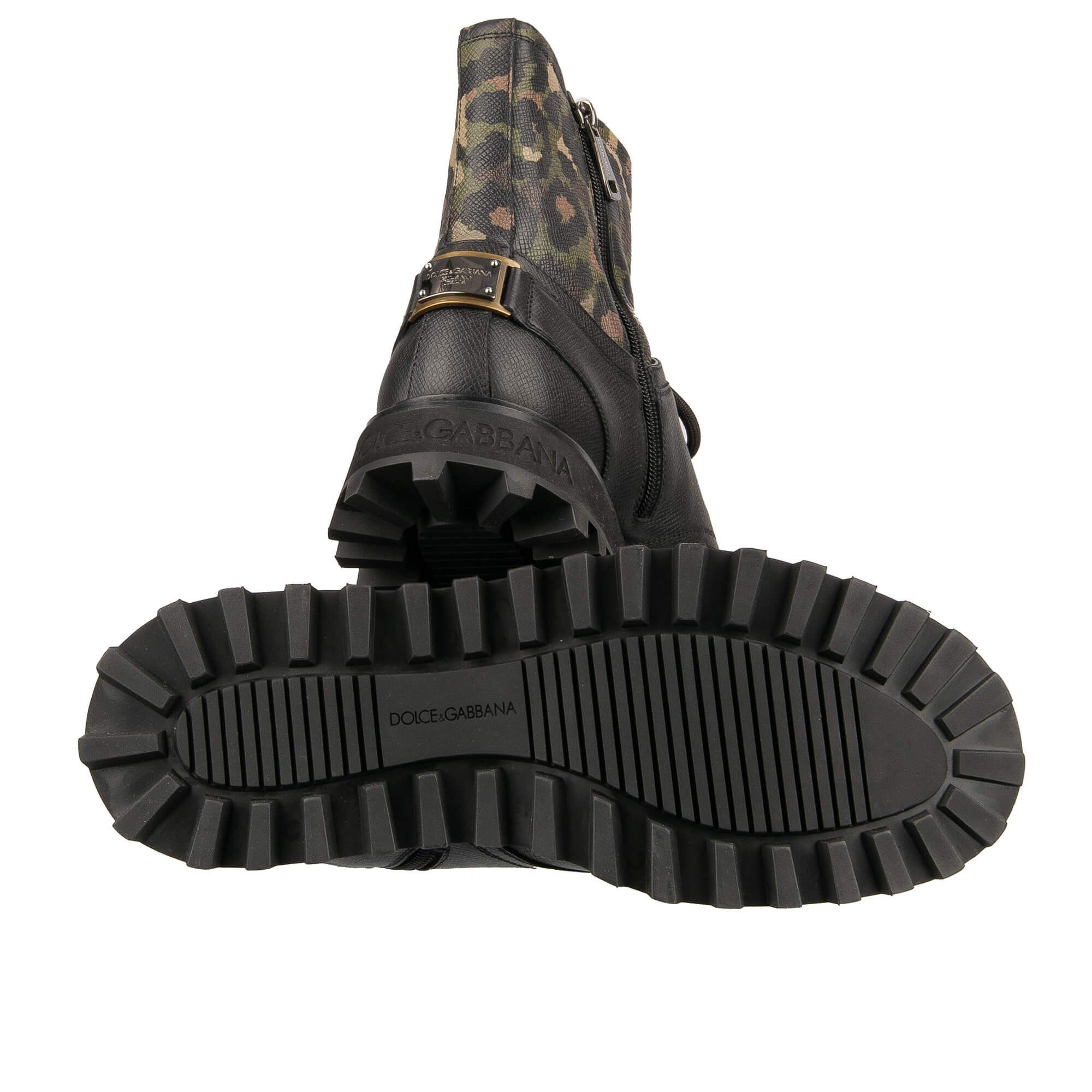 Combat Stiefeletten BERNINI aus Dauphine Leder mit Logo Schild in Camouflage und Schwarz von DOLCE & GABBANA