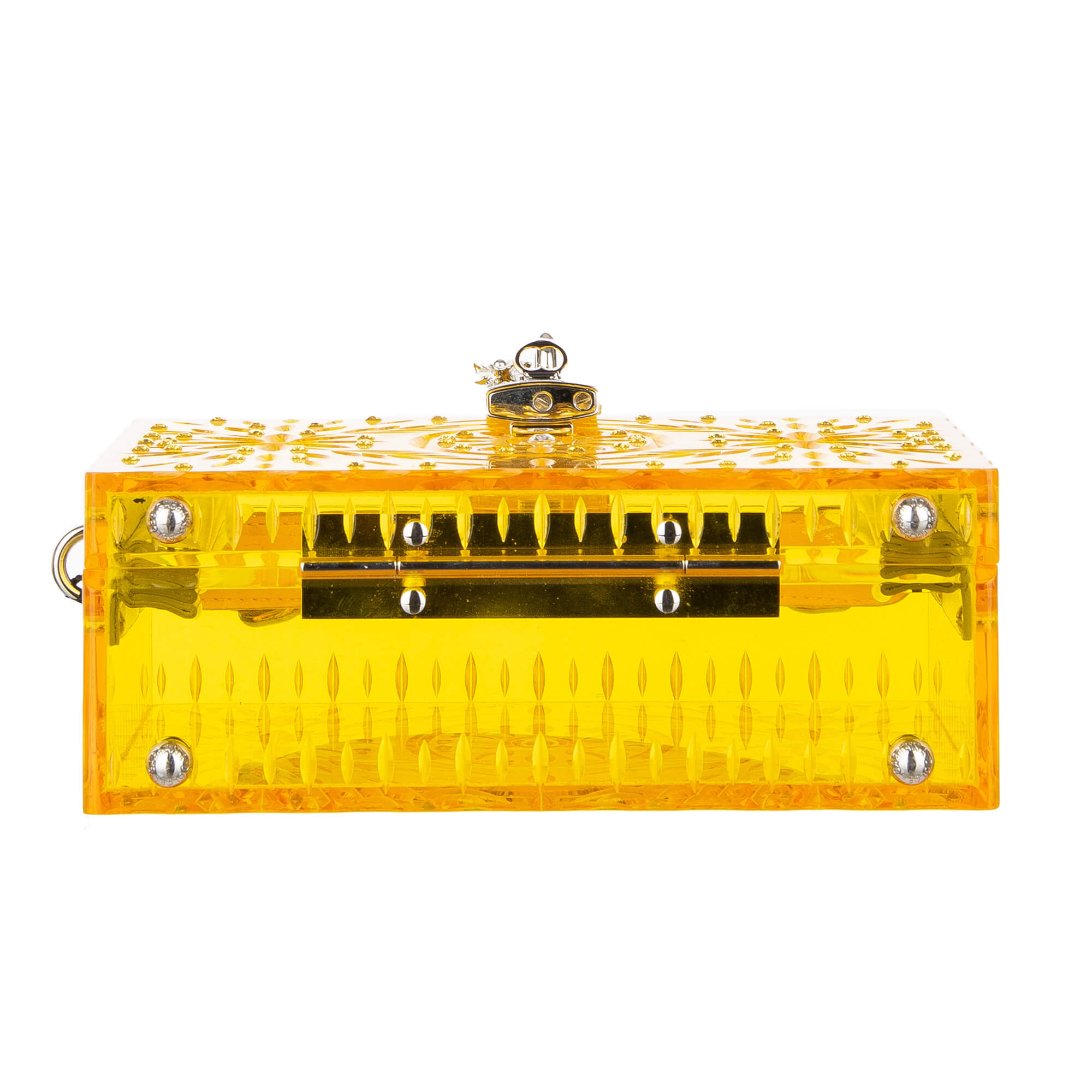 Crystals embellished transparent plexiglas bag / shoulder bag / clutch Cinderella DOLCE BOX with floral texture and decorative padlock with flower by DOLCE & GABBANA