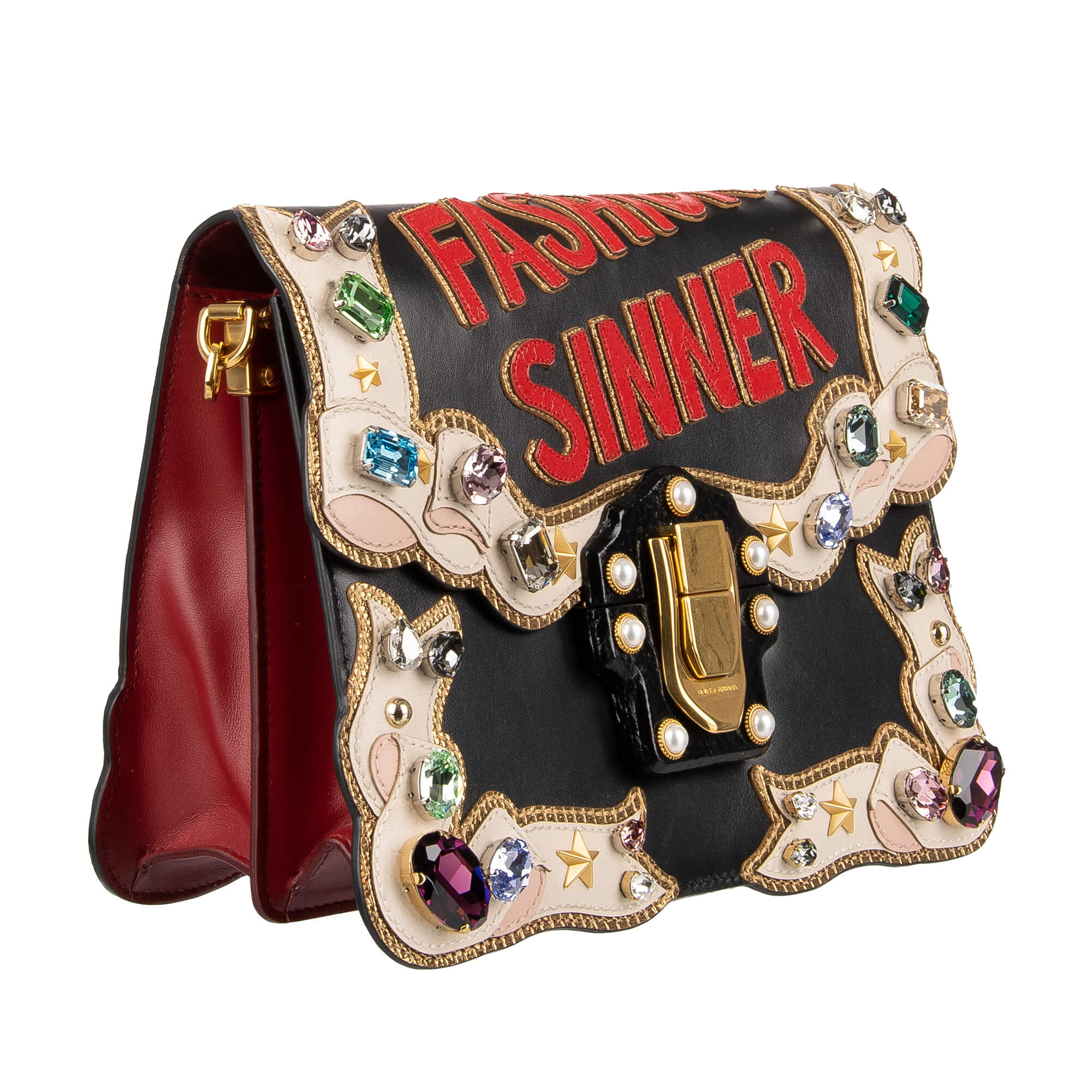 Beschmückte Schultertasche LUCIA Fashion Sinner mit mehrfarbigen Kristallen, Nieten, DG Logo, besticktem Schulterriemen "Queen of Love" von DOLCE & GABBANA