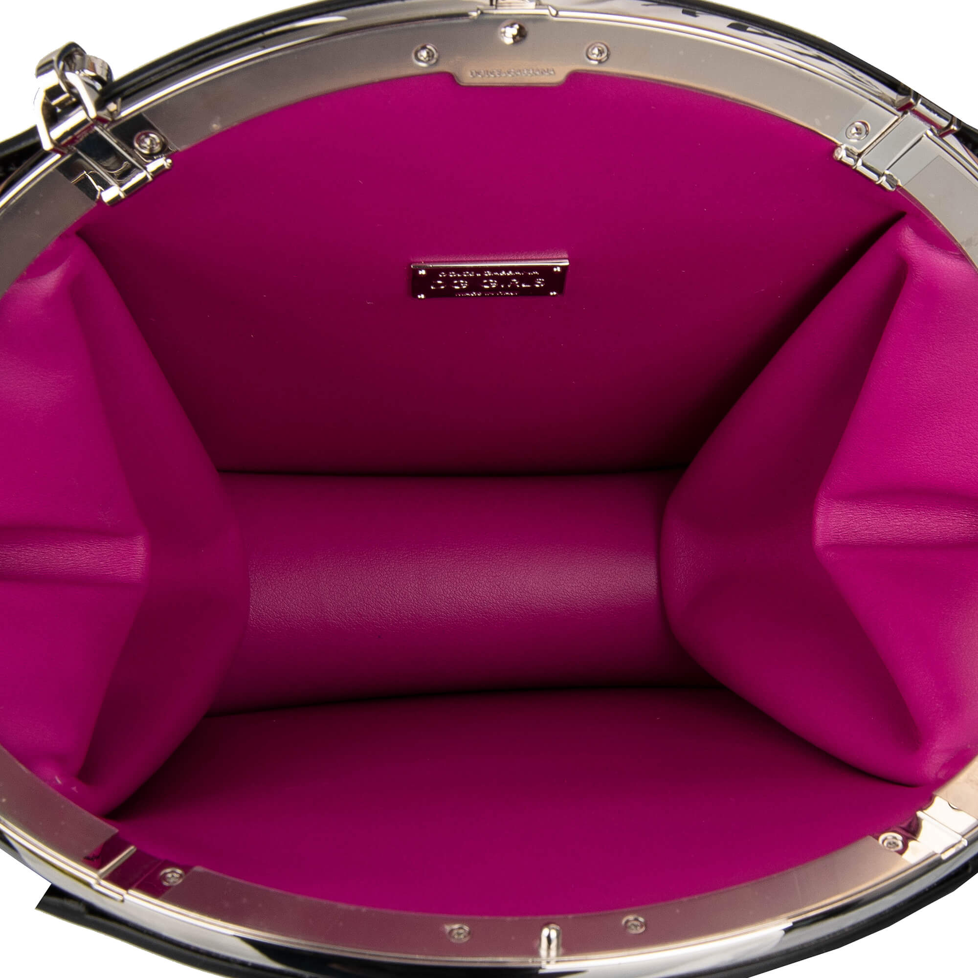Schultertasche / Clutch DG GIRLS in Kreis-Form aus Lackleder mit großem #DG Hashtag und Kettenriemen aus Metall von DOLCE & GABBANA