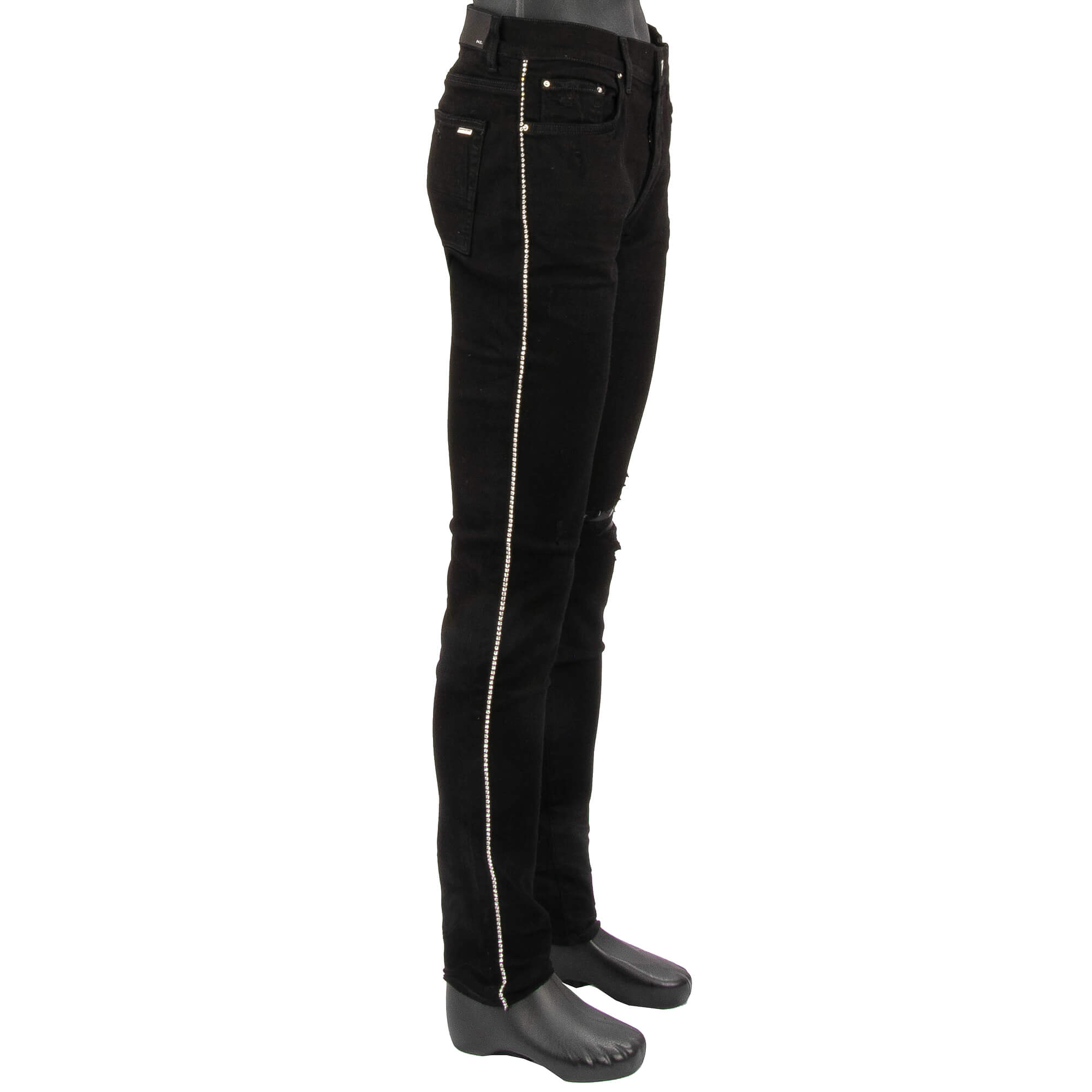 Crystal Track Distressed Skinny Jeans with Crystals Stripes Black