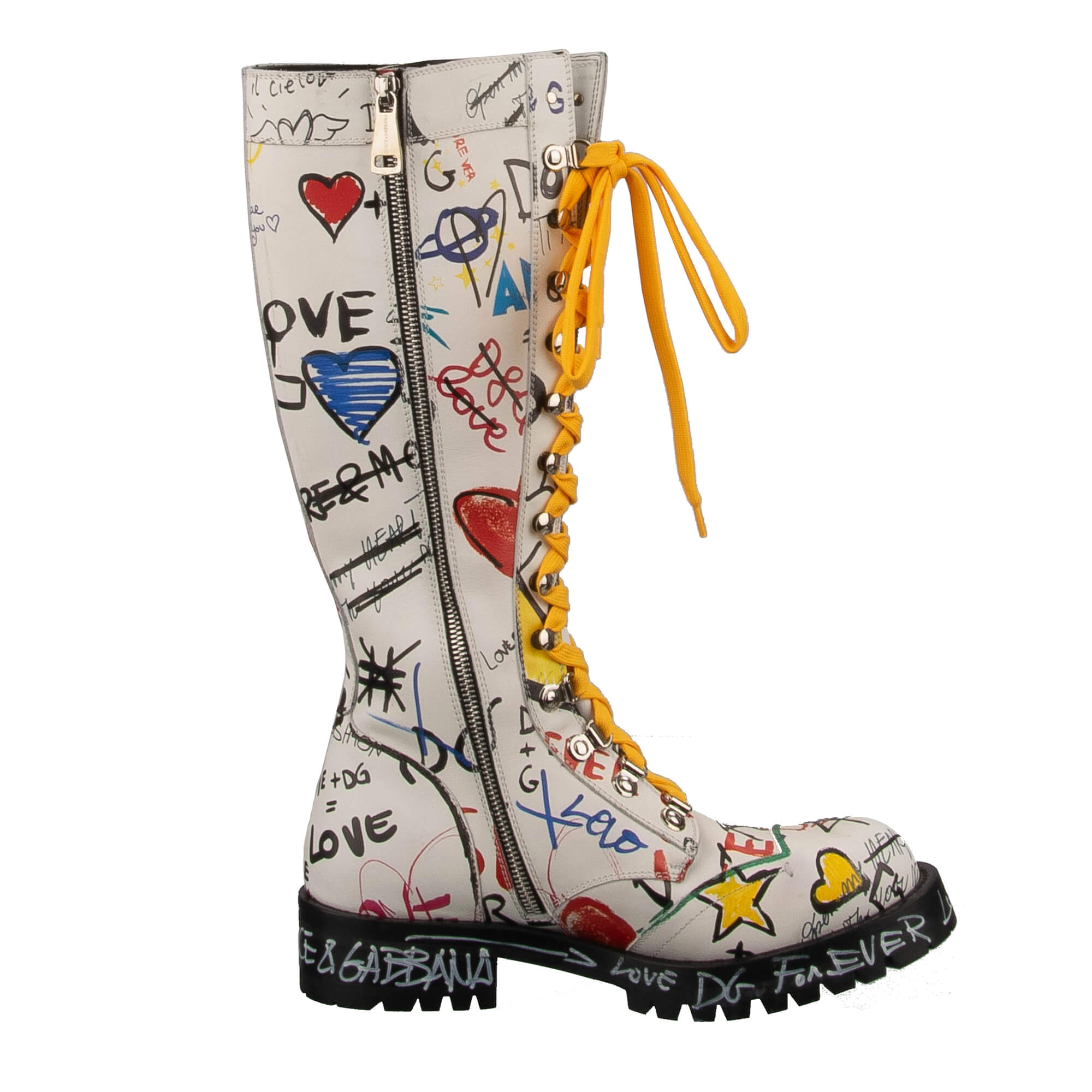 Women Leather BERNINI Boots with DG logo Graffiti print and hand-painted elements in white by DOLCE & GABBANA