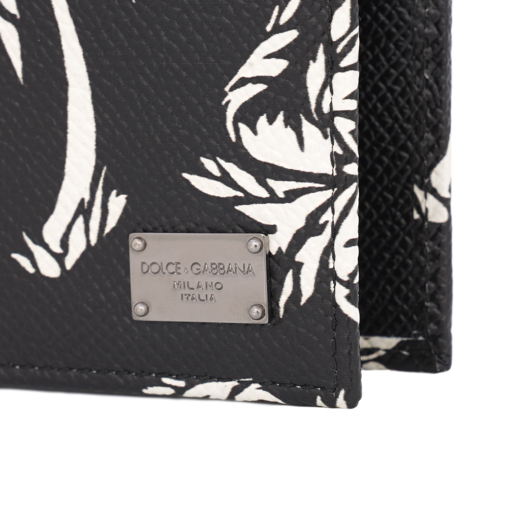 Palm tree printed Dauphine leather wallet with DG metal logo plate in black by DOLCE & GABBANA