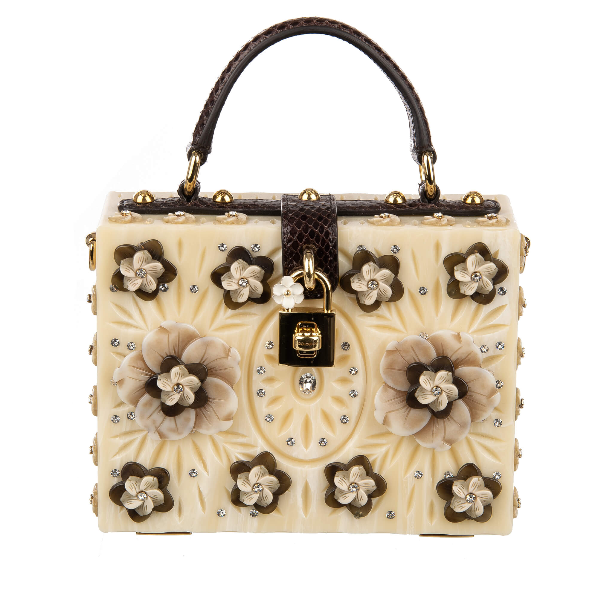Handcrafted bag / shoulder bag / clutch DOLCE BOX with floral embellishments, crystals, snakeskin details and decorative padlock with enamel flower by DOLCE & GABBANA