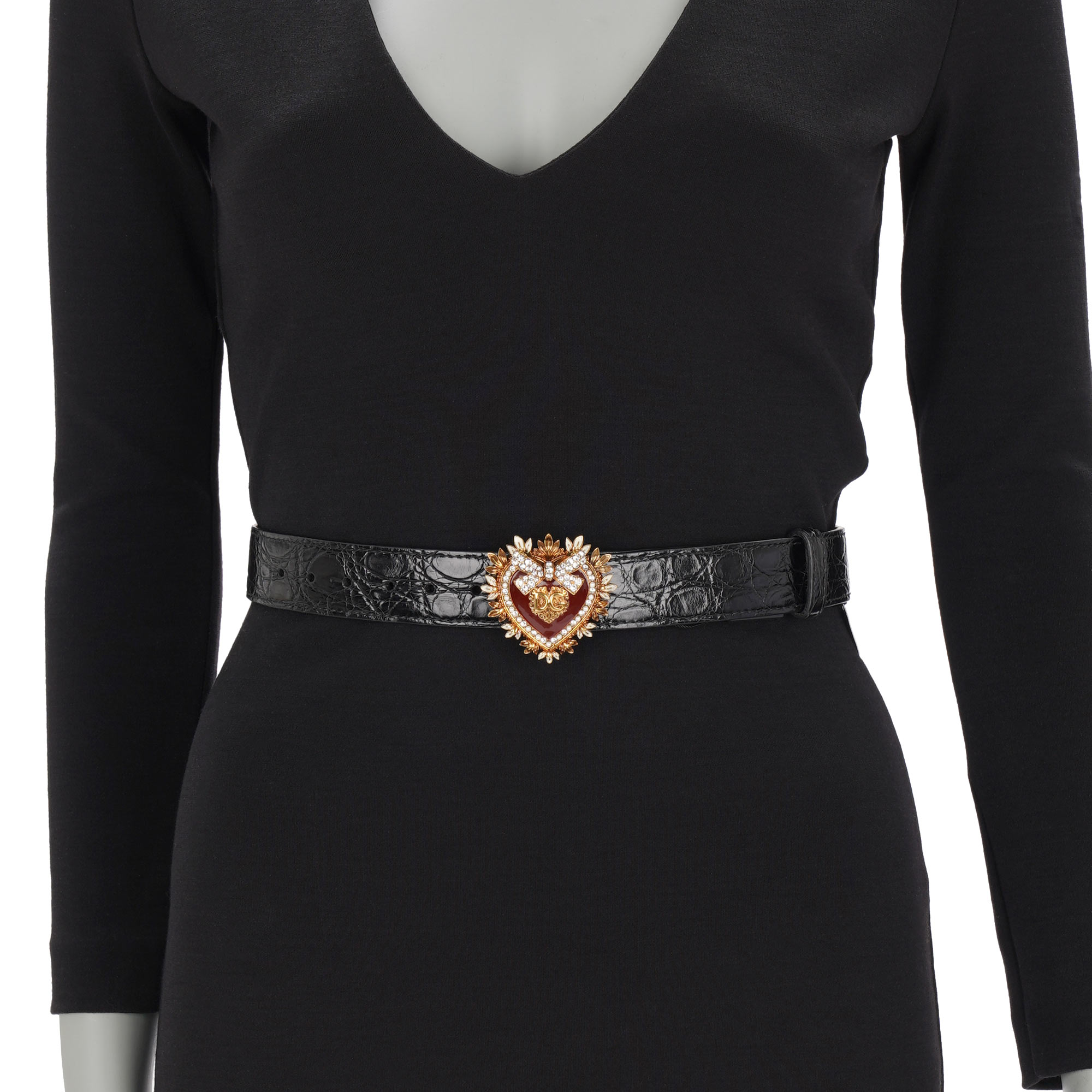 DEVOTION crocodile and calf leather Belt embellished with Pearl and Crystal Metal Heart in black and gold by DOLCE & GABBANA 