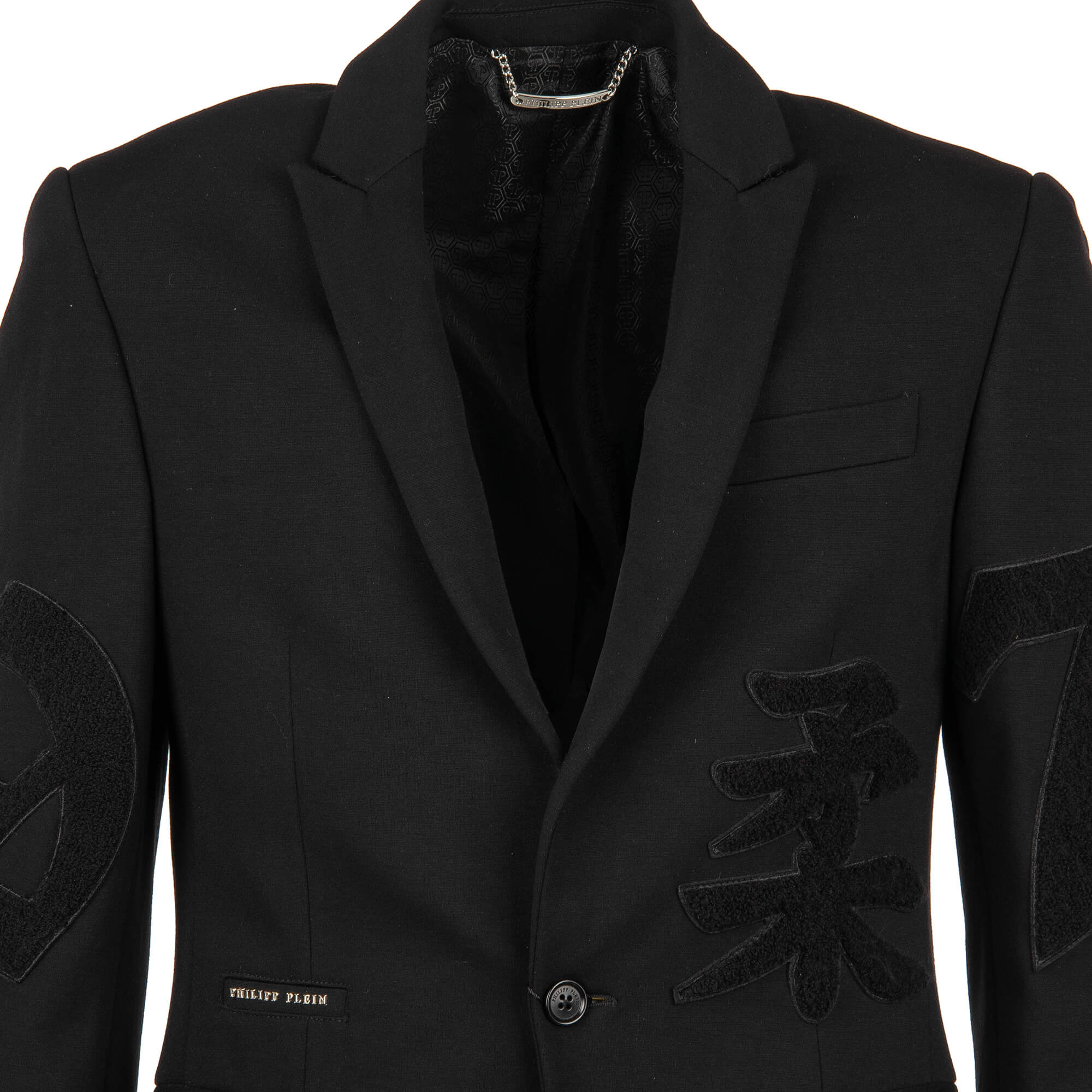 Blazer SPECIAL TWO with embroidered hieroglyphs, embroidered logo on leather at the back and logo in front by PHILIPP PLEIN