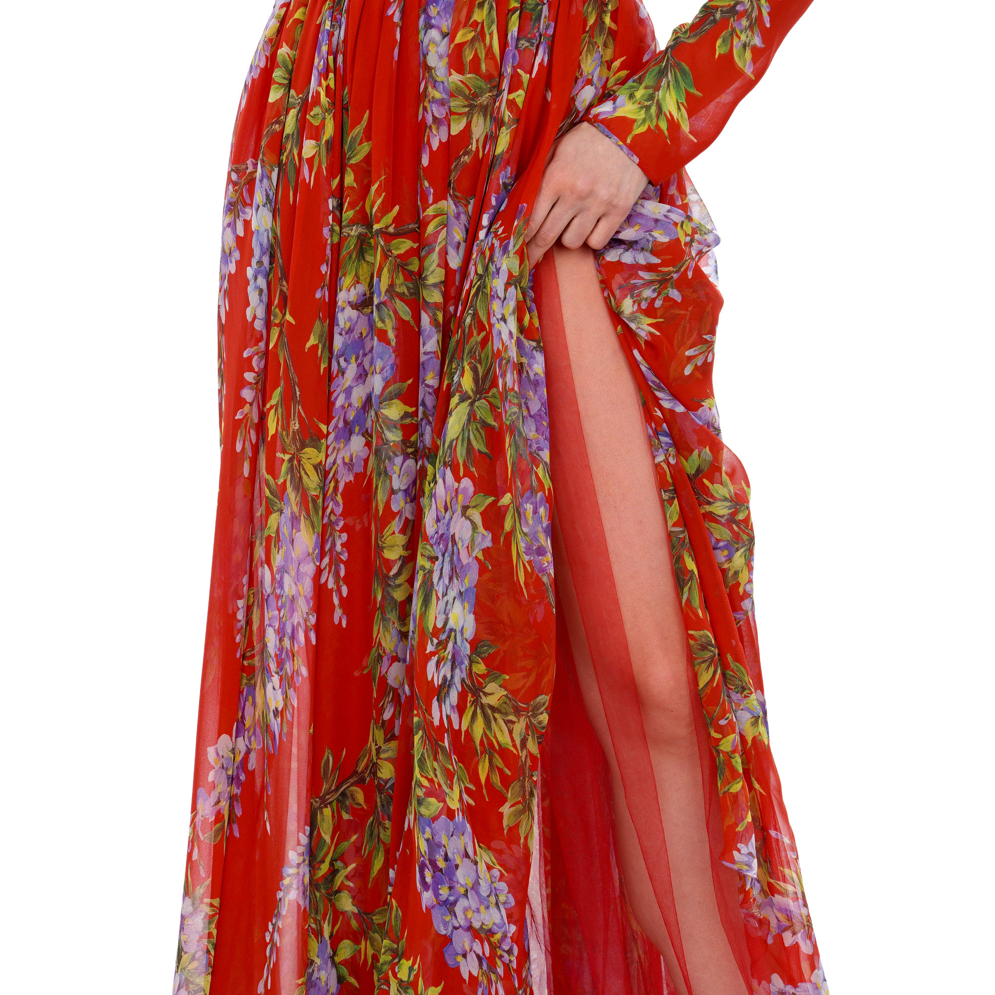 Wisteria flower print maxi silk dress with open back and tulle underskirt in red and purple by DOLCE & GABBANA