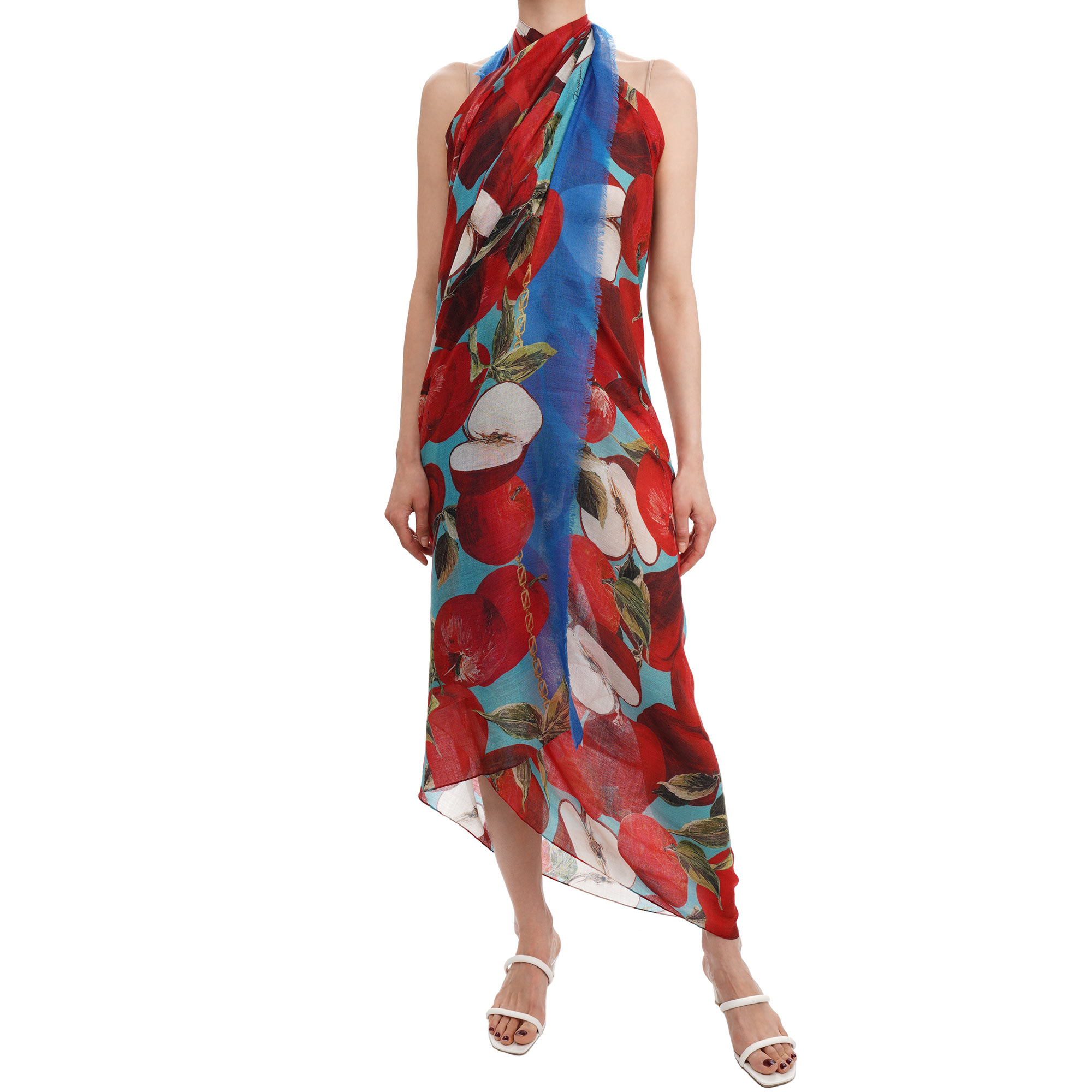 Large Apple Print Cashmere Scarf Foulard Blue Red