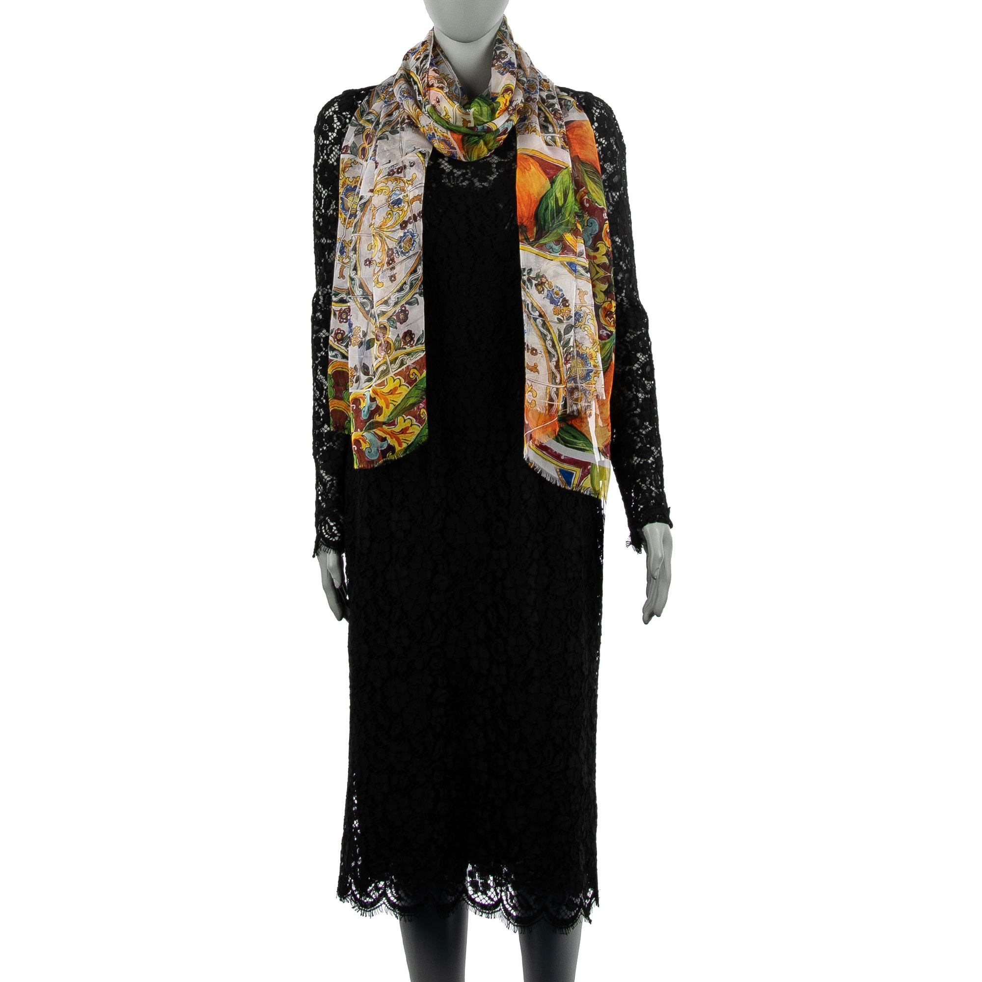 Majolika, Orangen und Zitronen bedrucktes Foulard / Schal aus Seide mit Fransen von DOLCE & GABBANA Black Label
