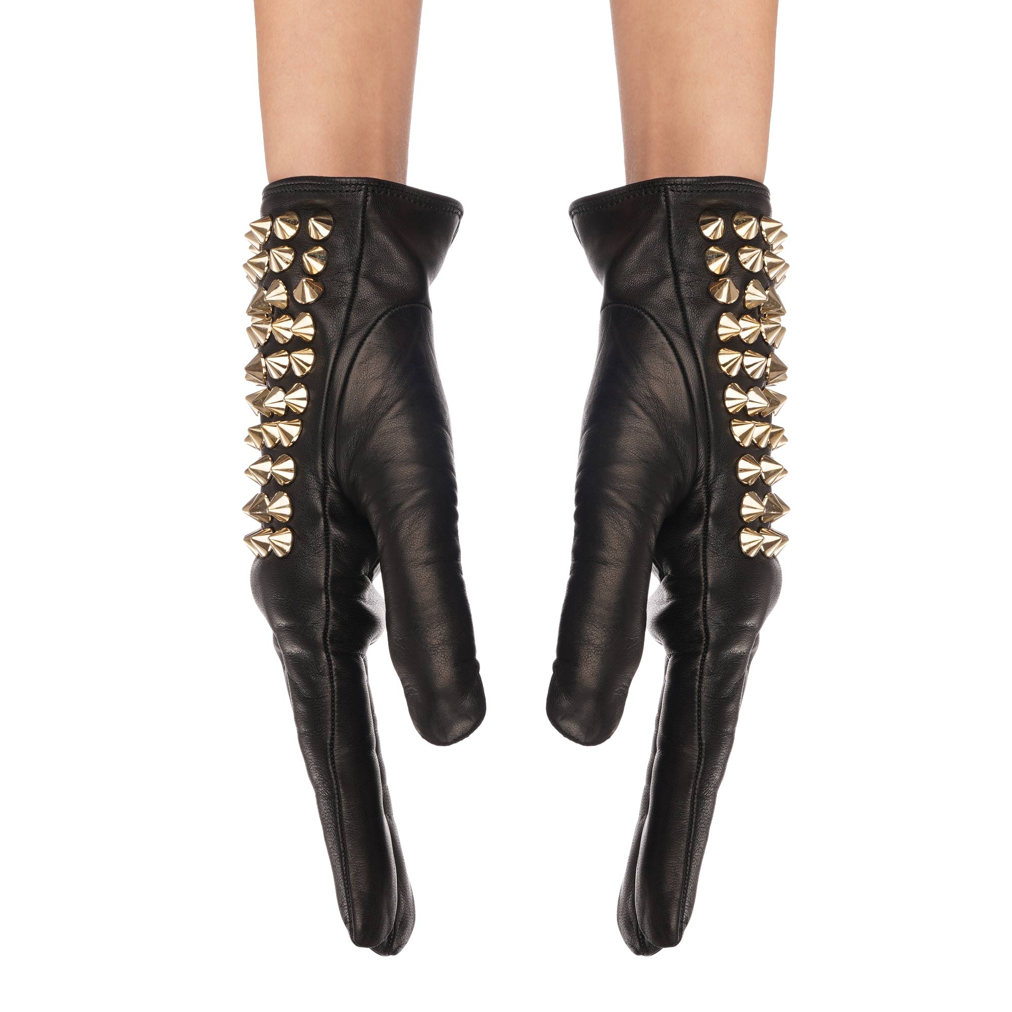 "Diva" Leder Handschuhe mit Kaschmir Lining und Nieten Applikationen in Schwarz und Gold von PHILIPP PLEIN 