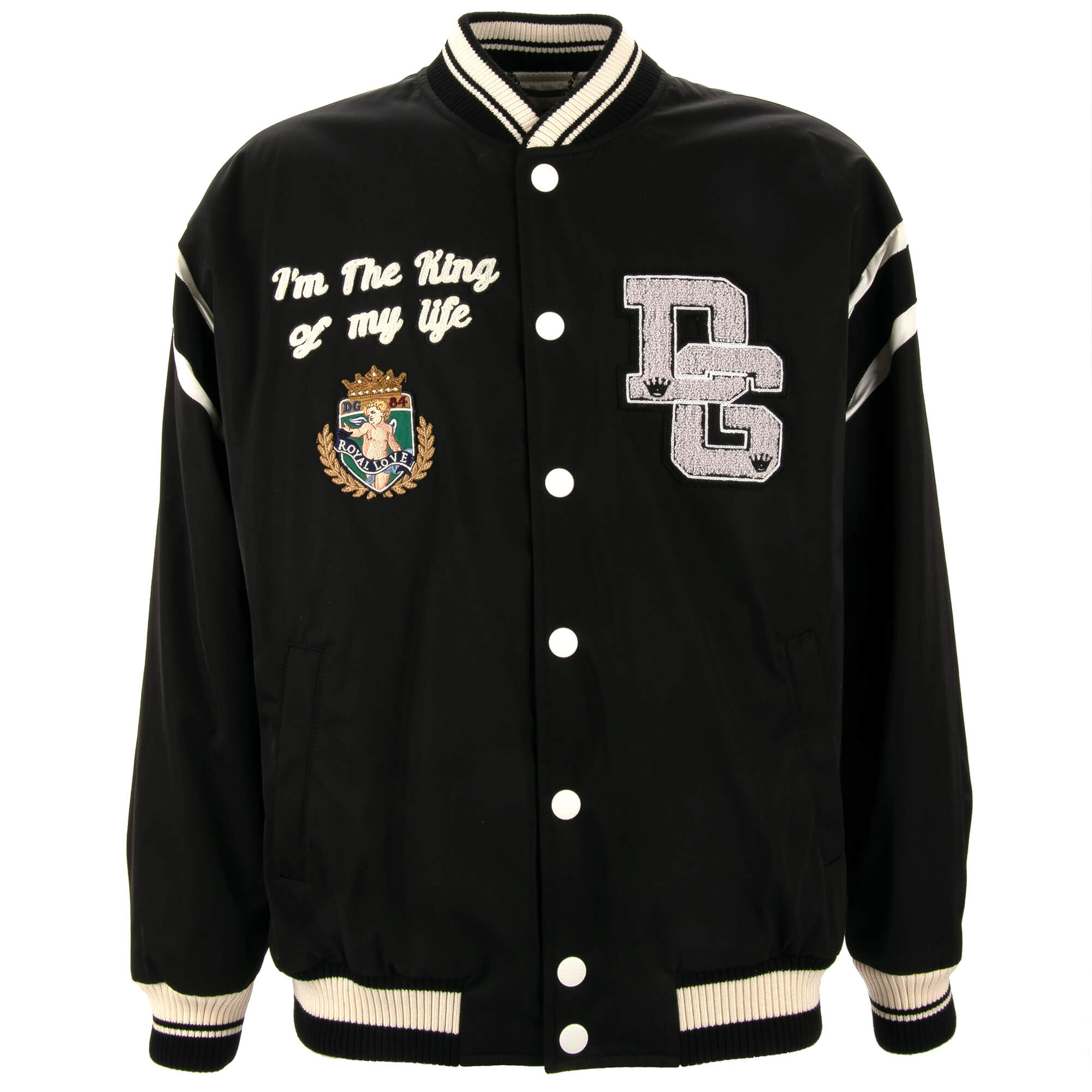 Oversize Varsity Bomber Jacket with Royal King Embroidery and DG Logo Black