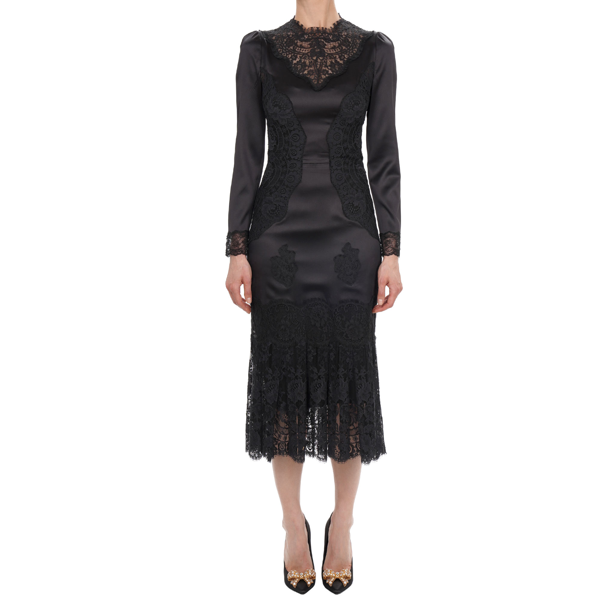 Chantilly Lace Silk Satin Midi Dress Black IT 40 US 4 S