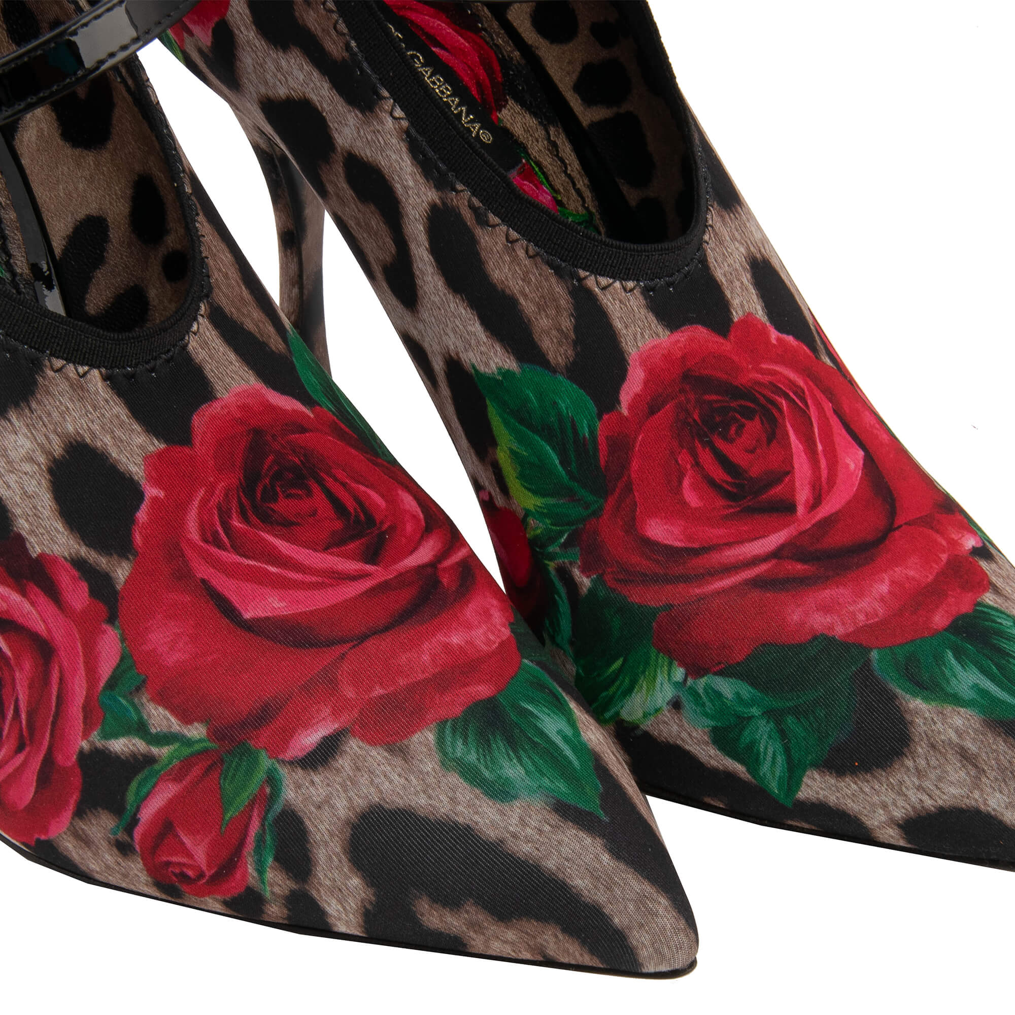 Leopard Rosen Print Spitzform Pumps LORI aus Leder mit Socken Beschichtung in Schwarz, Rot und Braun von DOLCE & GABBANA