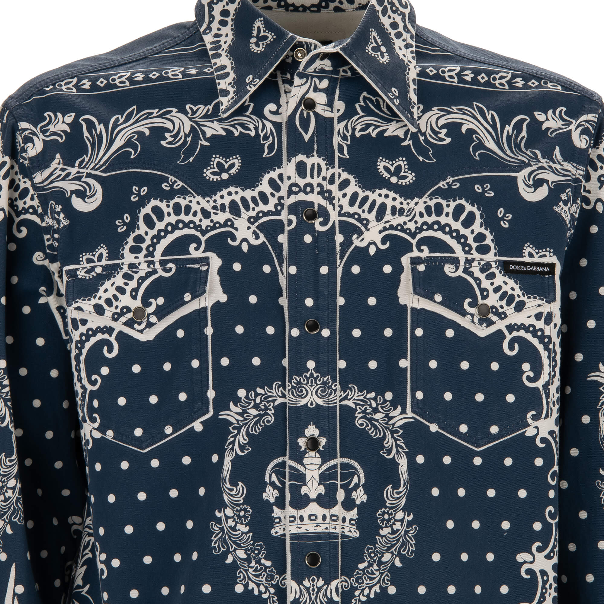 Jeans / Denim Hemd mit Bandana Krone Print, DG Logo Patch und zwei Taschen vorne in Blau von DOLCE & GABBANA 