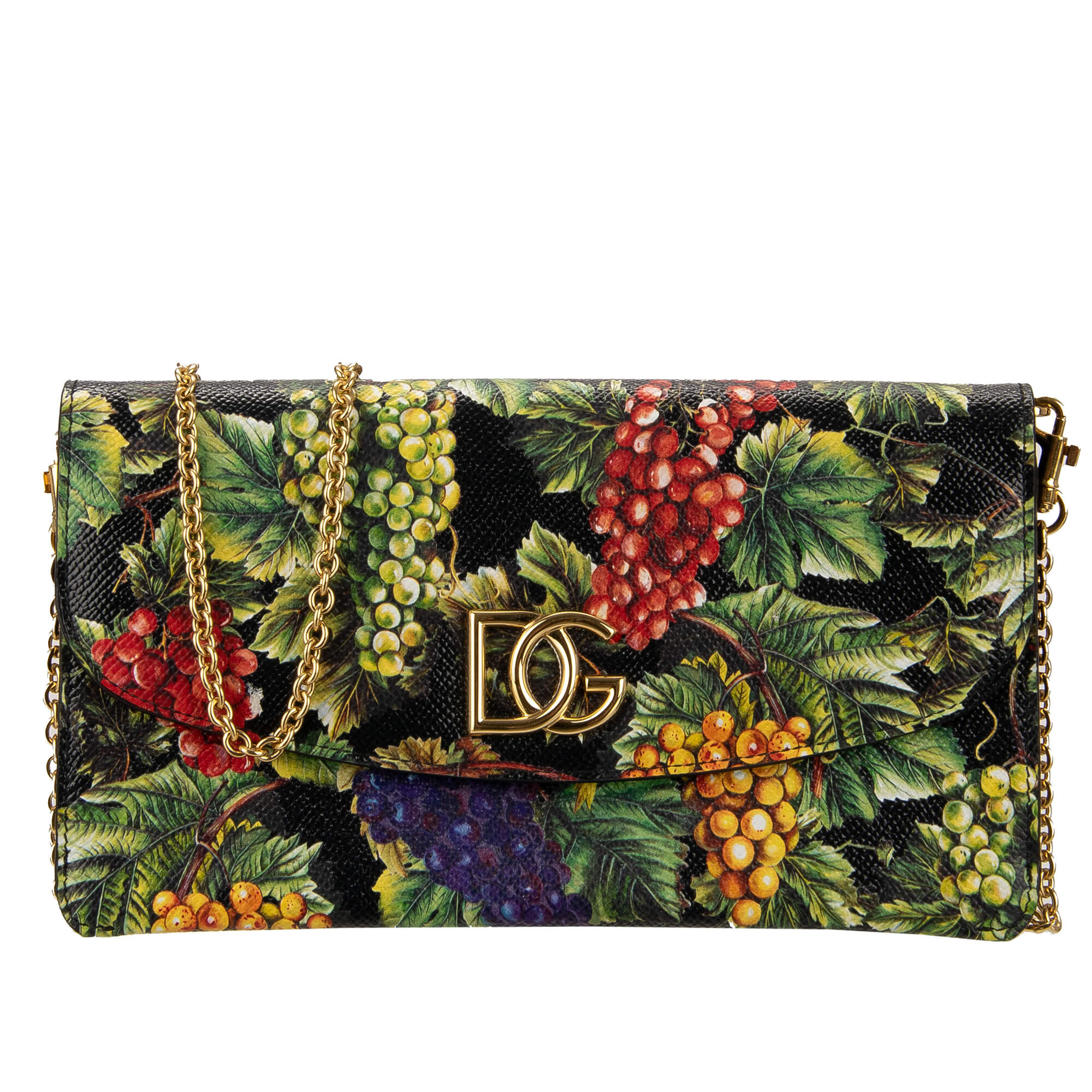 Weintrauben Print DG Logo Dauphine Leder Clutch Tasche Pouch Grün Schwarz