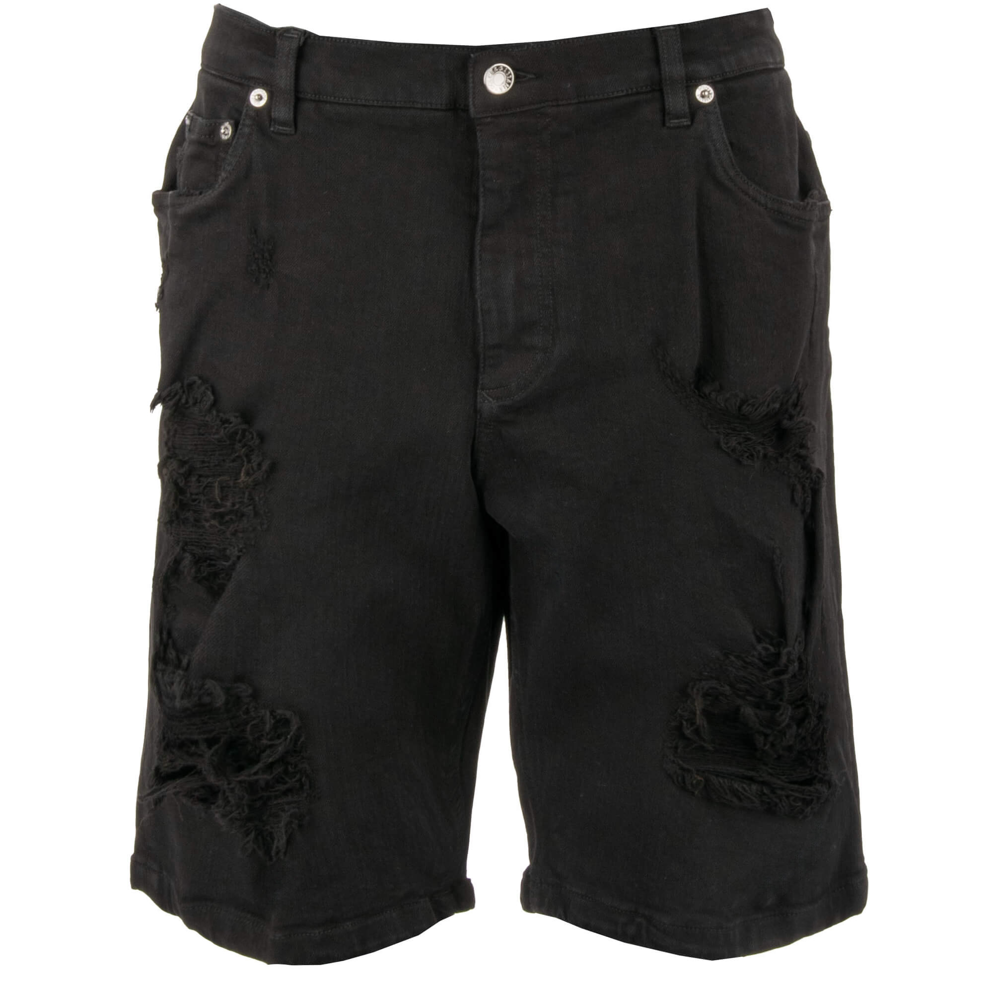 Distressed Denim Shorts with DG metal logo plate in black and red by DOLCE & GABBANA 