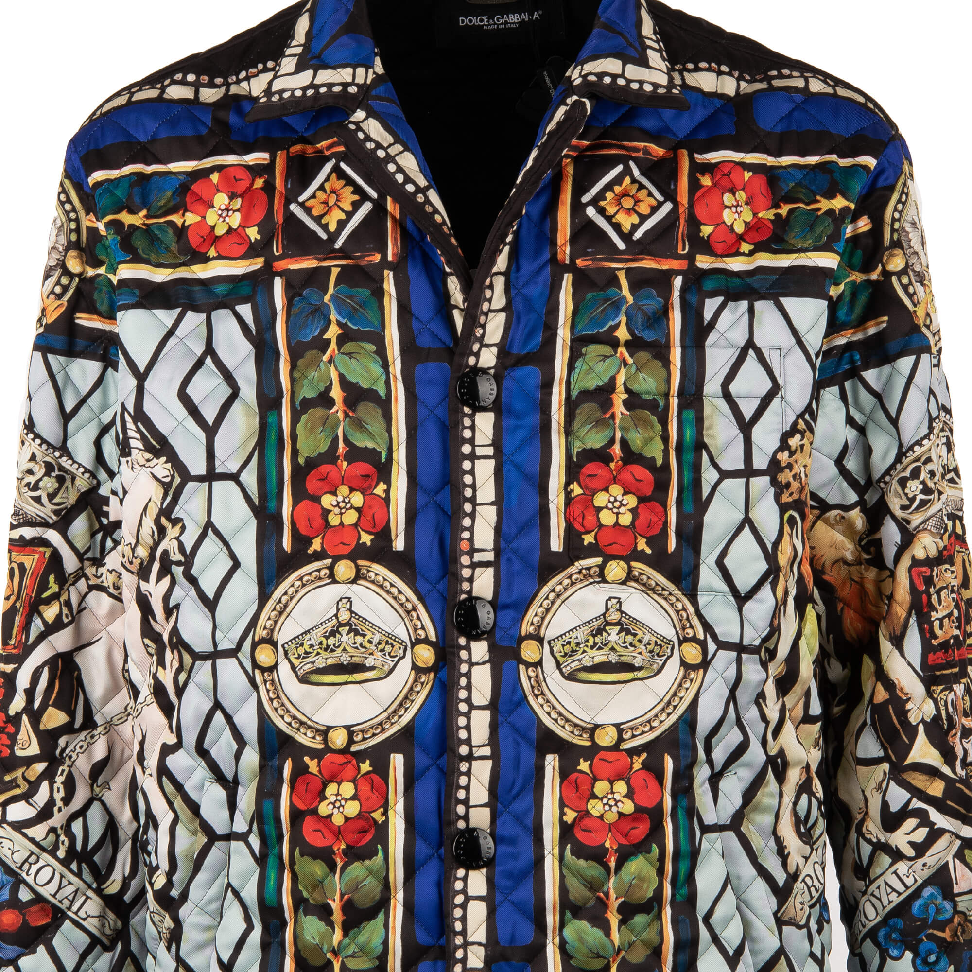Quilted silk Royal King jacket with heraldry, lions, crowns and flowers print, pockets and snap button closure by DOLCE & GABBANA
