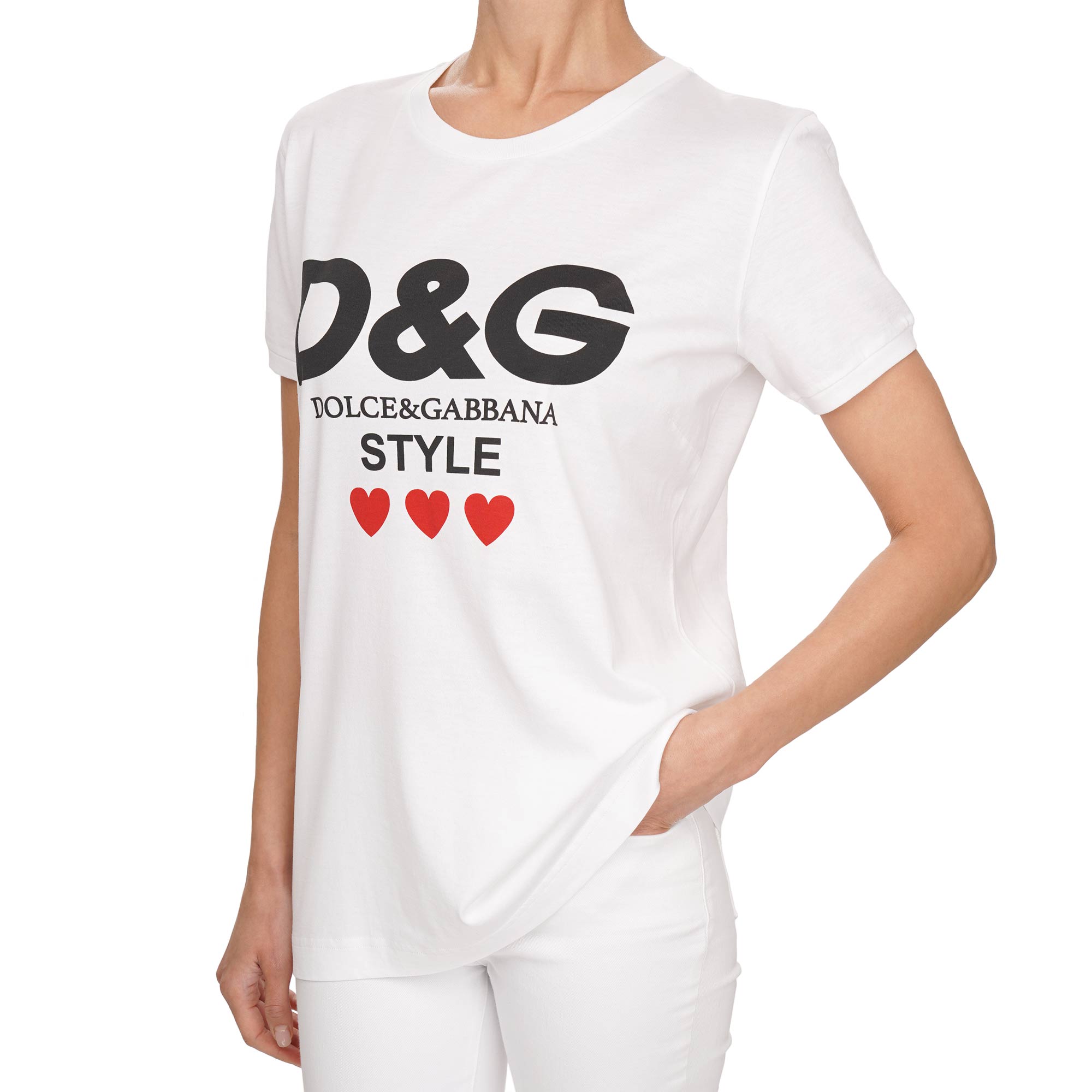 Cotton T-Shirt with Dolce Gabbana heart style logo print and gold patch logo on the back in white and black by DOLCE & GABBANA