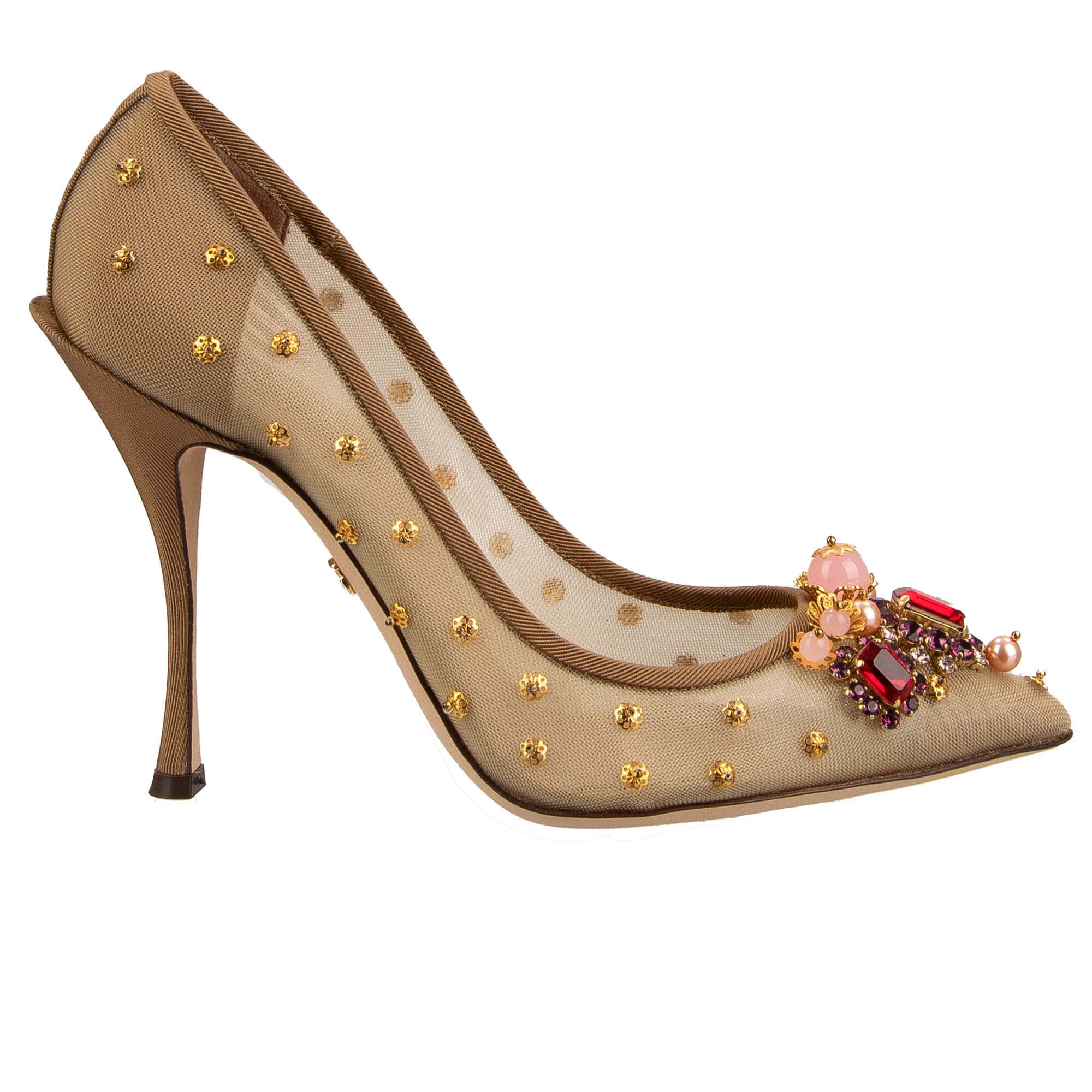 Pointed Plastic Lace Pumps LORI with scrystal and brass elements embroidery in beige, red, pink and gold by DOLCE & GABBANA