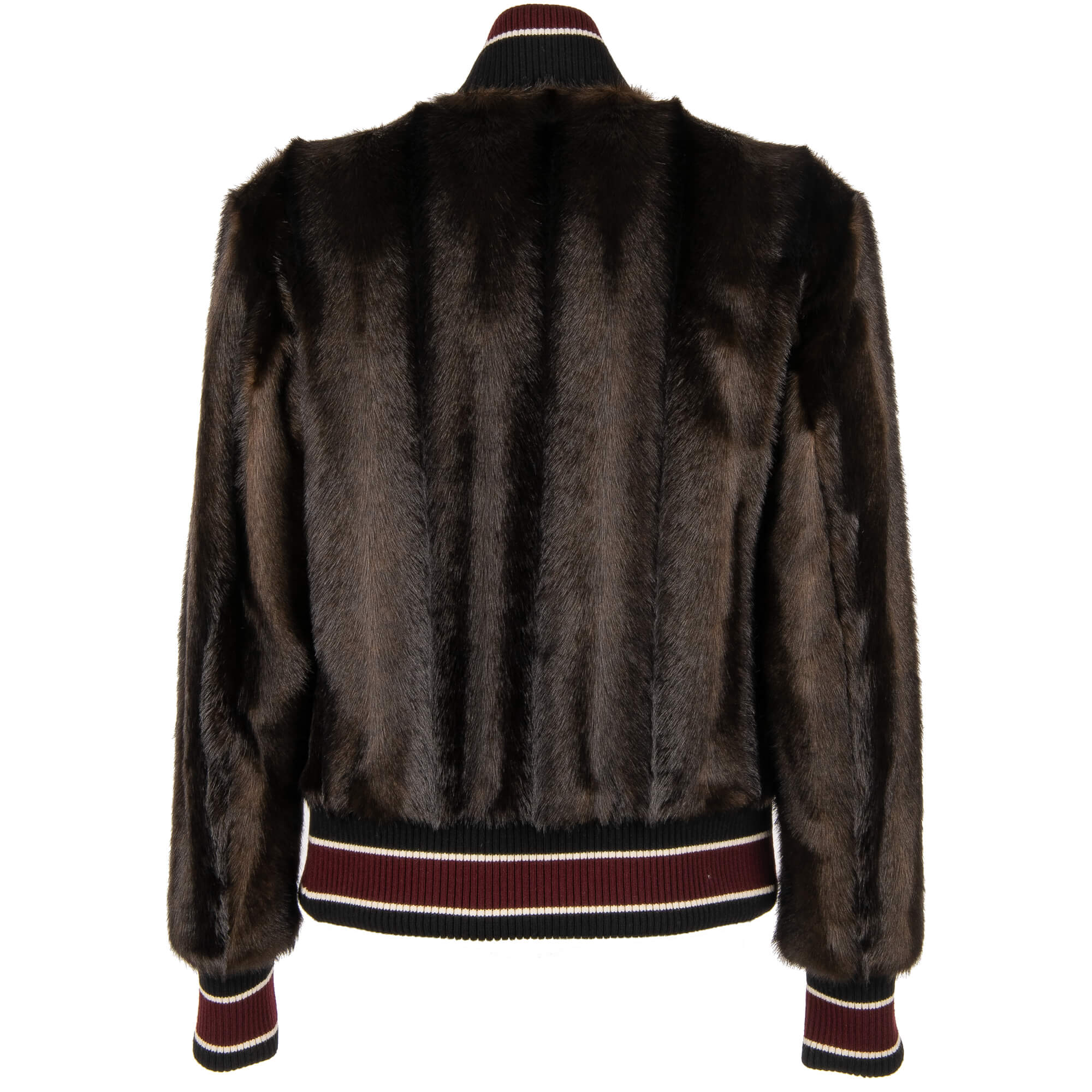 Stuffed Fake Fur bomber jacket with King and Crown embroidery in front and knit details by DOLCE & GABBANA