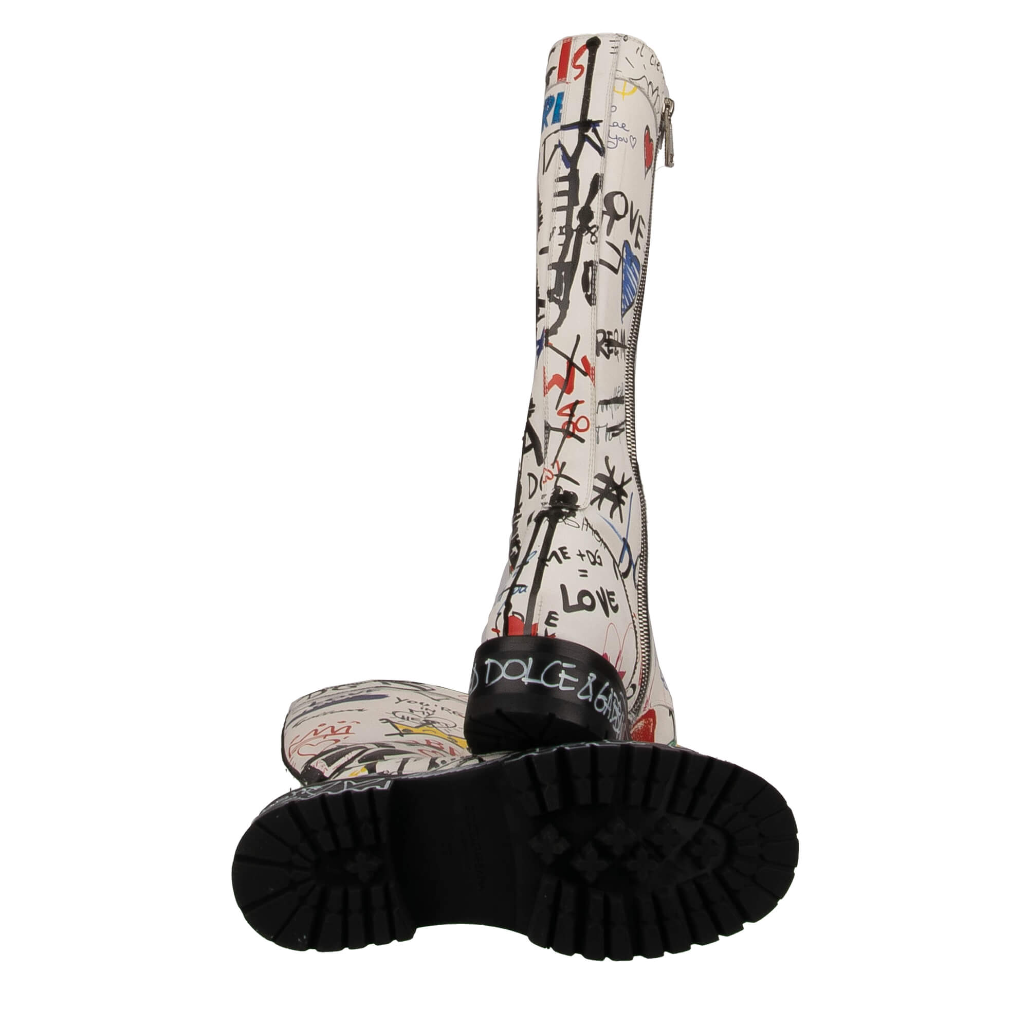 Women Leather BERNINI Boots with DG logo Graffiti print and hand-painted elements in white by DOLCE & GABBANA