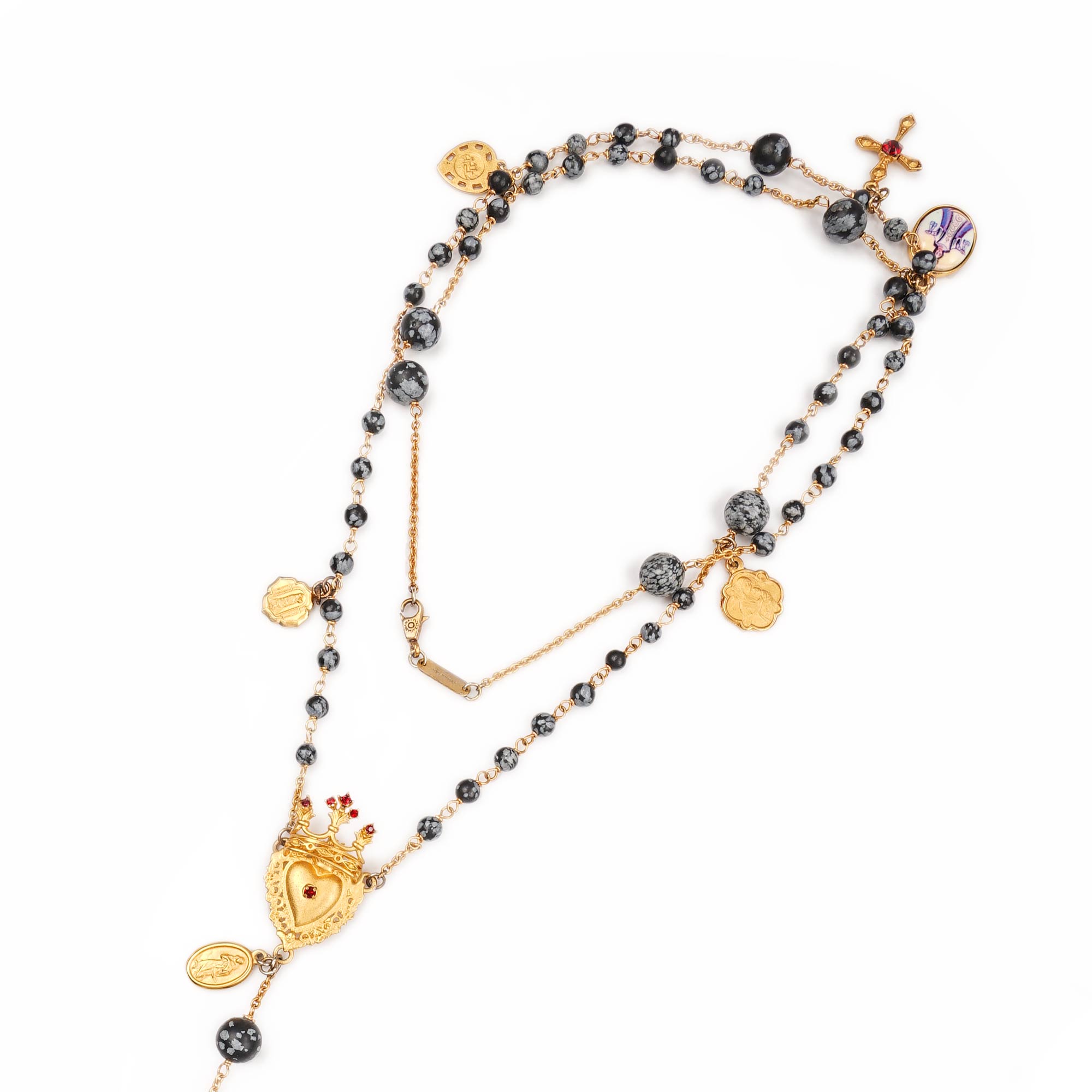 Rosario Chain necklace with Cross, Saints pendants, crystal crown, heart and natural stones pearls in gold, gray and black by DOLCE & GABBANA