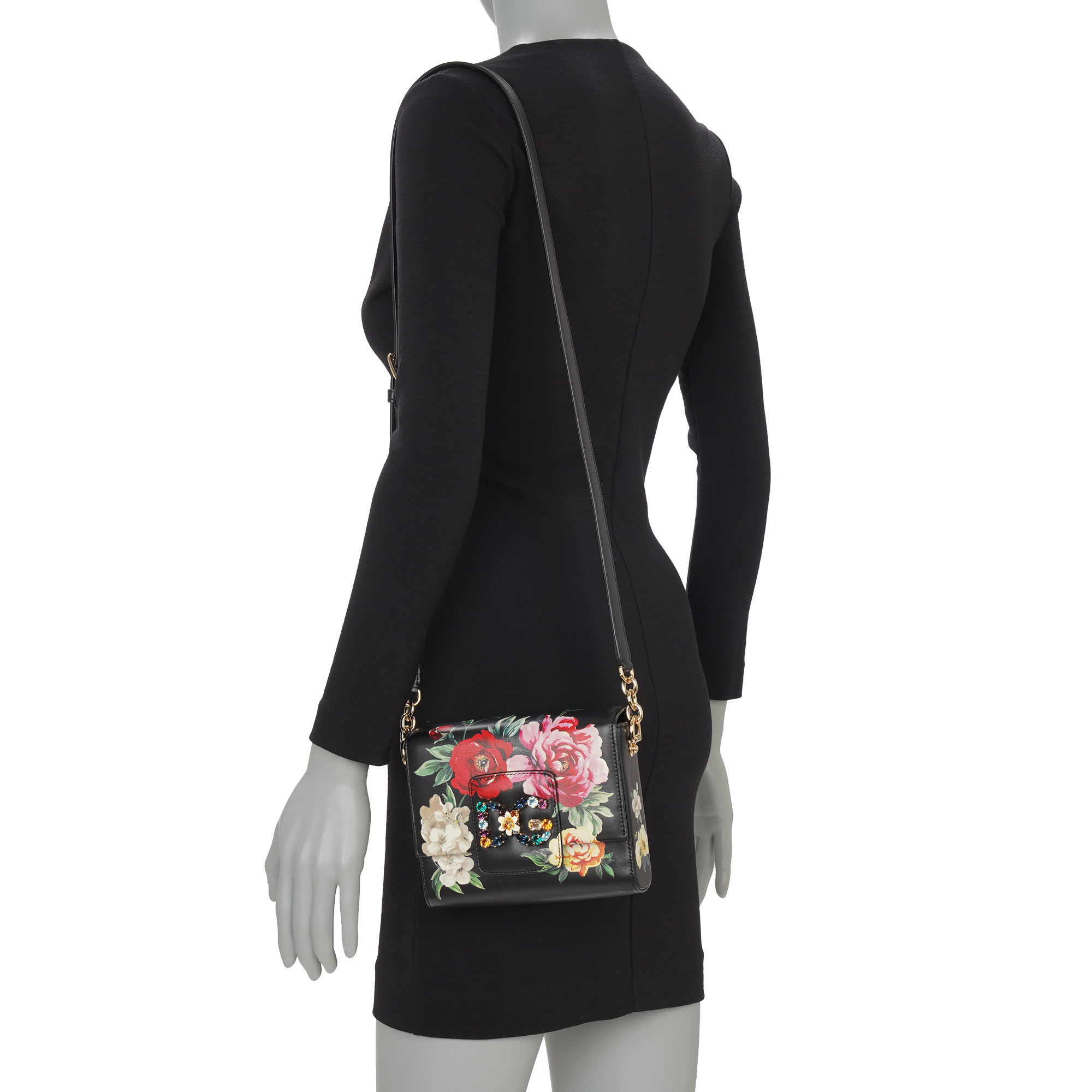 Floral Leather Shoulder Bag DG MILLENNIALS with Crystals