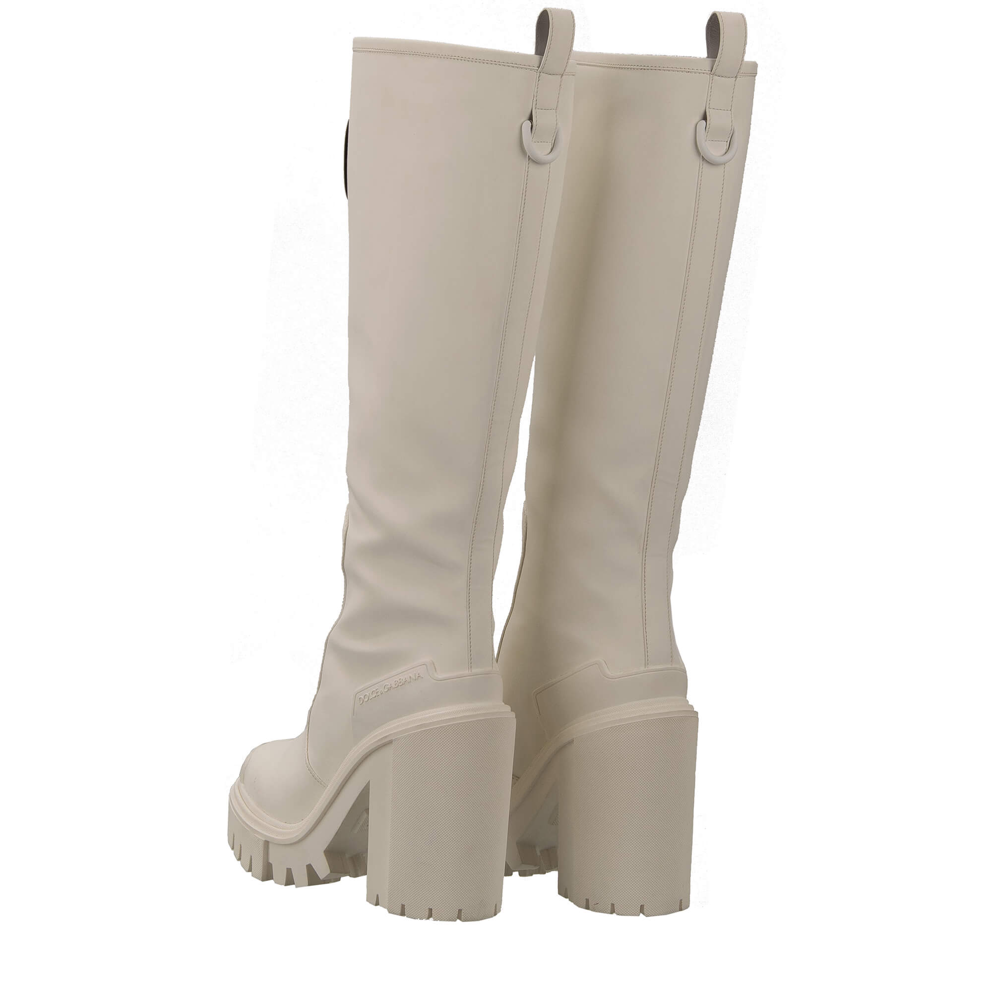 Plateau Faux Rubber Leather Blend Hi Trekking Heels Boots with DG logo in front in white by DOLCE & GABBANA