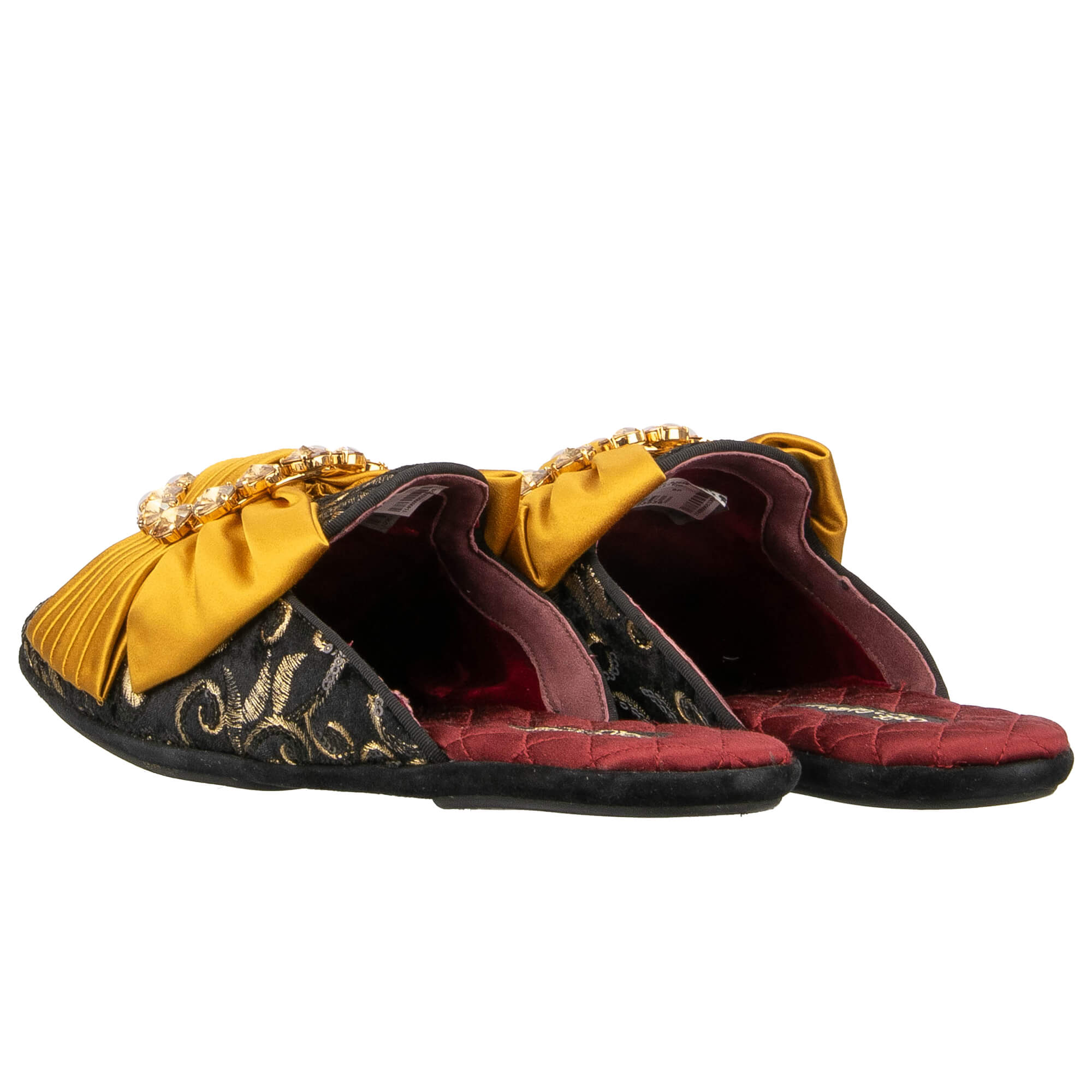 Velvet leather slipper shoes MARCELLO with crystals brooch silk bow and sequins embroidery in black and gold by DOLCE & GABBANA