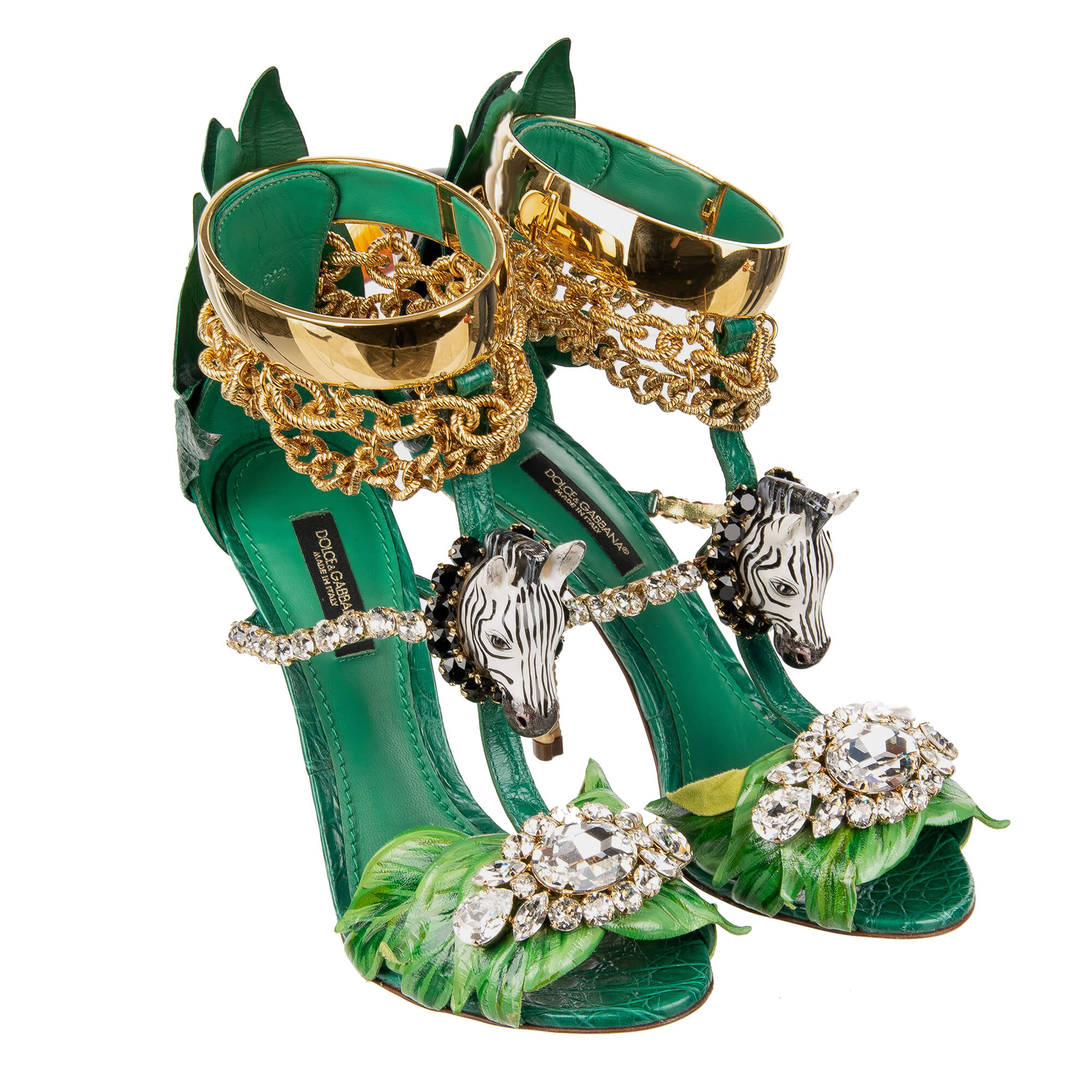 Tropische Pumps Sandalen KEIRA mit Hand bemahlten Elementen, Vogel, Zebra und Kristallen Ketten Riemchen in gold und grün von DOLCE & GABBANA