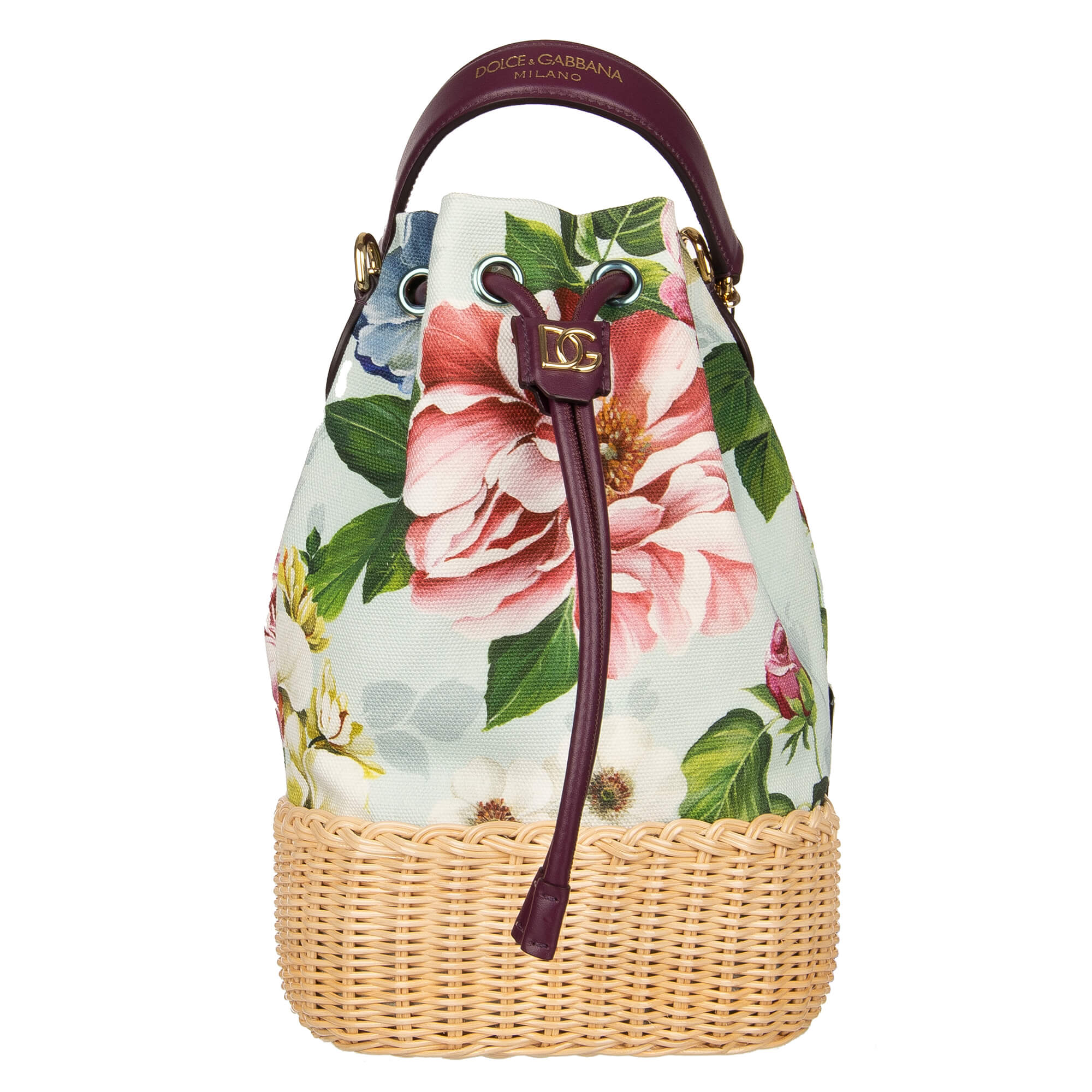 Beutel Tasche / Handtasche DG MILLENNIALS Bag aus Canvas und Wickel Stroh mit Blumen Print und Kordel Verschluss mit DG Logo von DOLCE & GABBANA