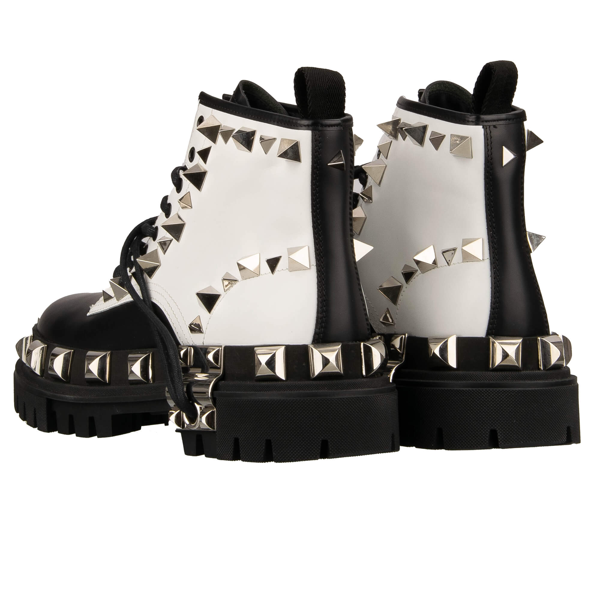 Leder Plateau Trekking Combat / Biker Stiefel mit überall verteilten Nieten in Schwarz und Weiß von DOLCE & GABBANA