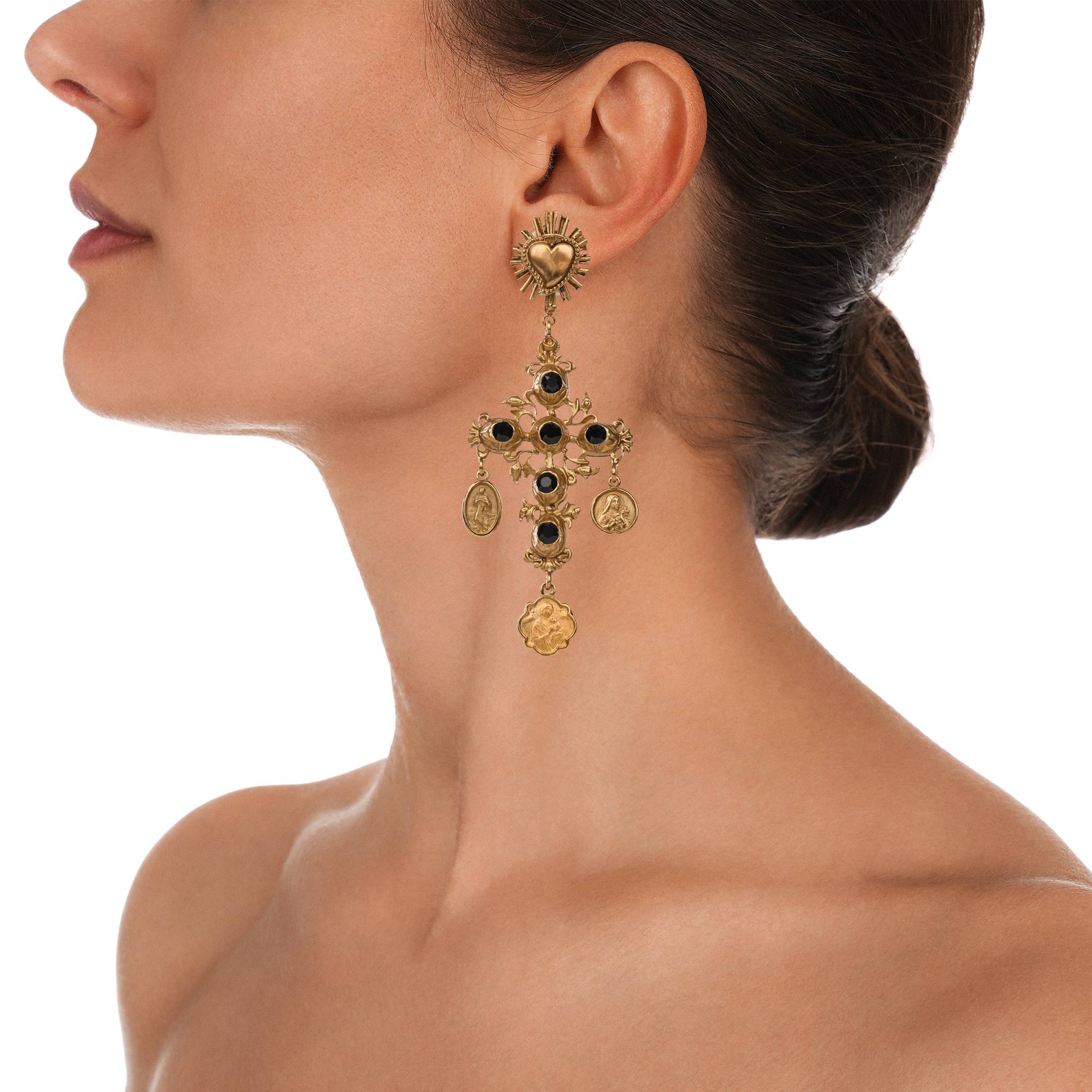 Baroque Antique Clip Earrings adorned with Sacred Heart, Madonna pendants and crystals in gold and black by DOLCE & GABBANA