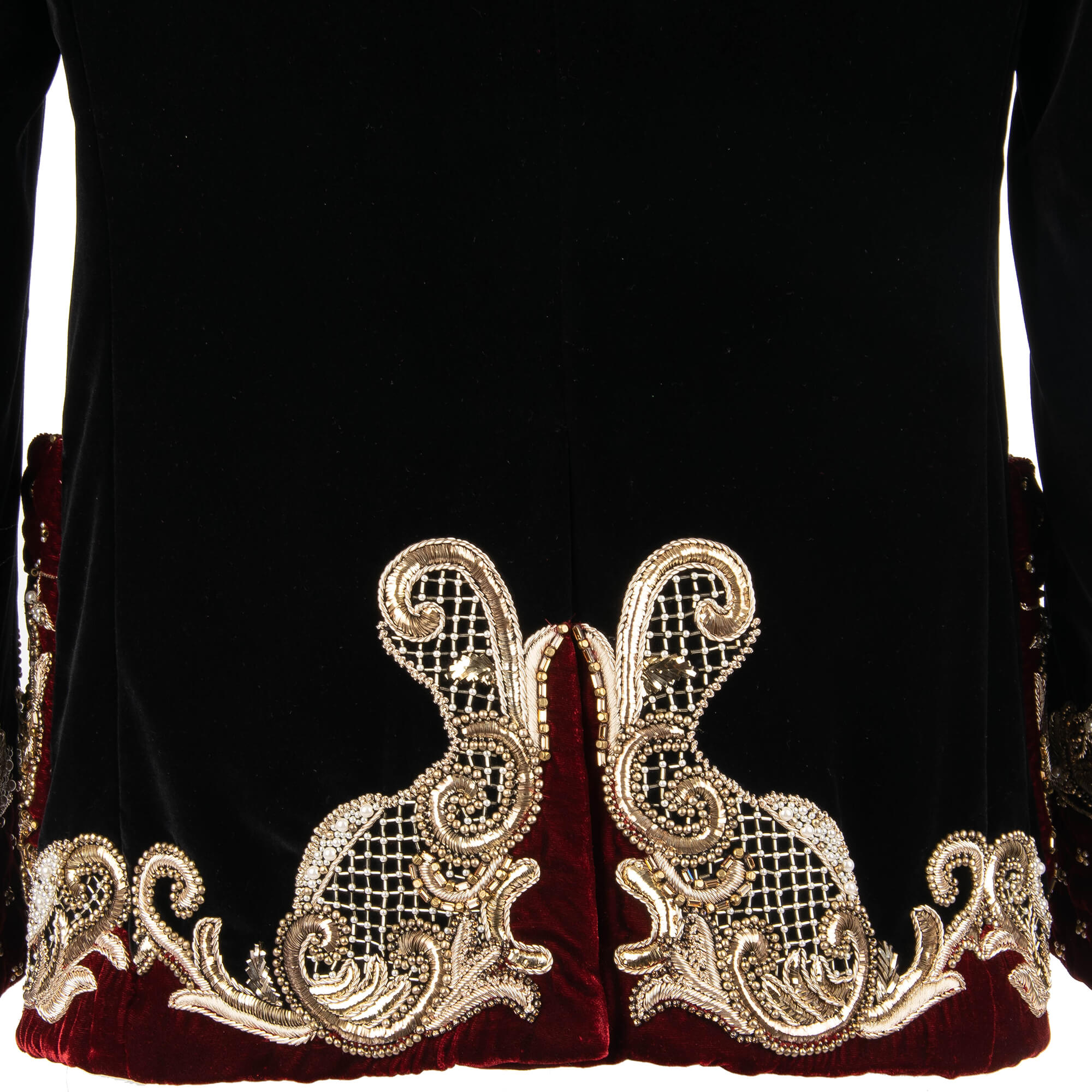 Stunning Baroque Style velvet tuxedo / blazer with handmade golden seam and pearls all-over embroidery, rope fastening studded shawl lapel and pockets by DOLCE & GABBANA