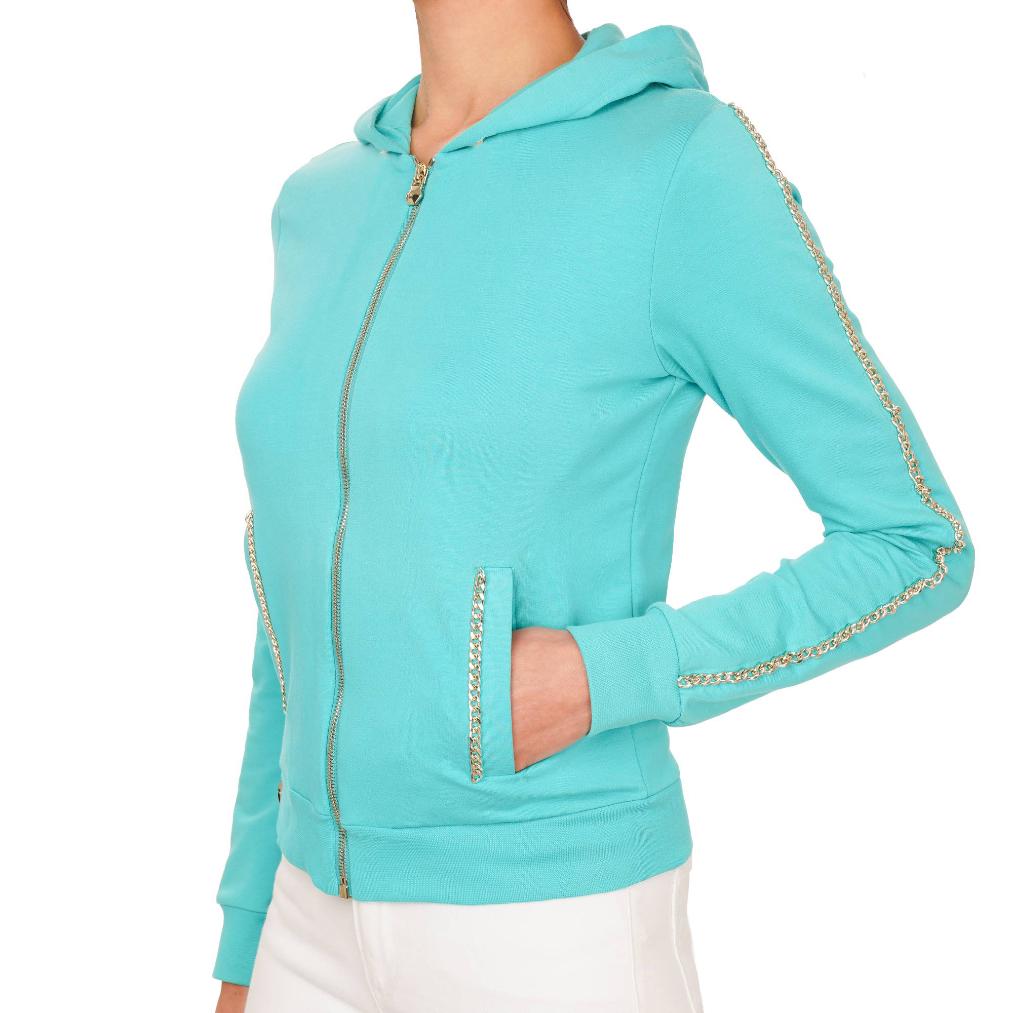 Hoodie Jacke für Damen mit Totenkopf Stickerei auf der Rückseite,Ketten Applikationen und Philipp Plein Logo vorne von PHILIPP PLEIN 