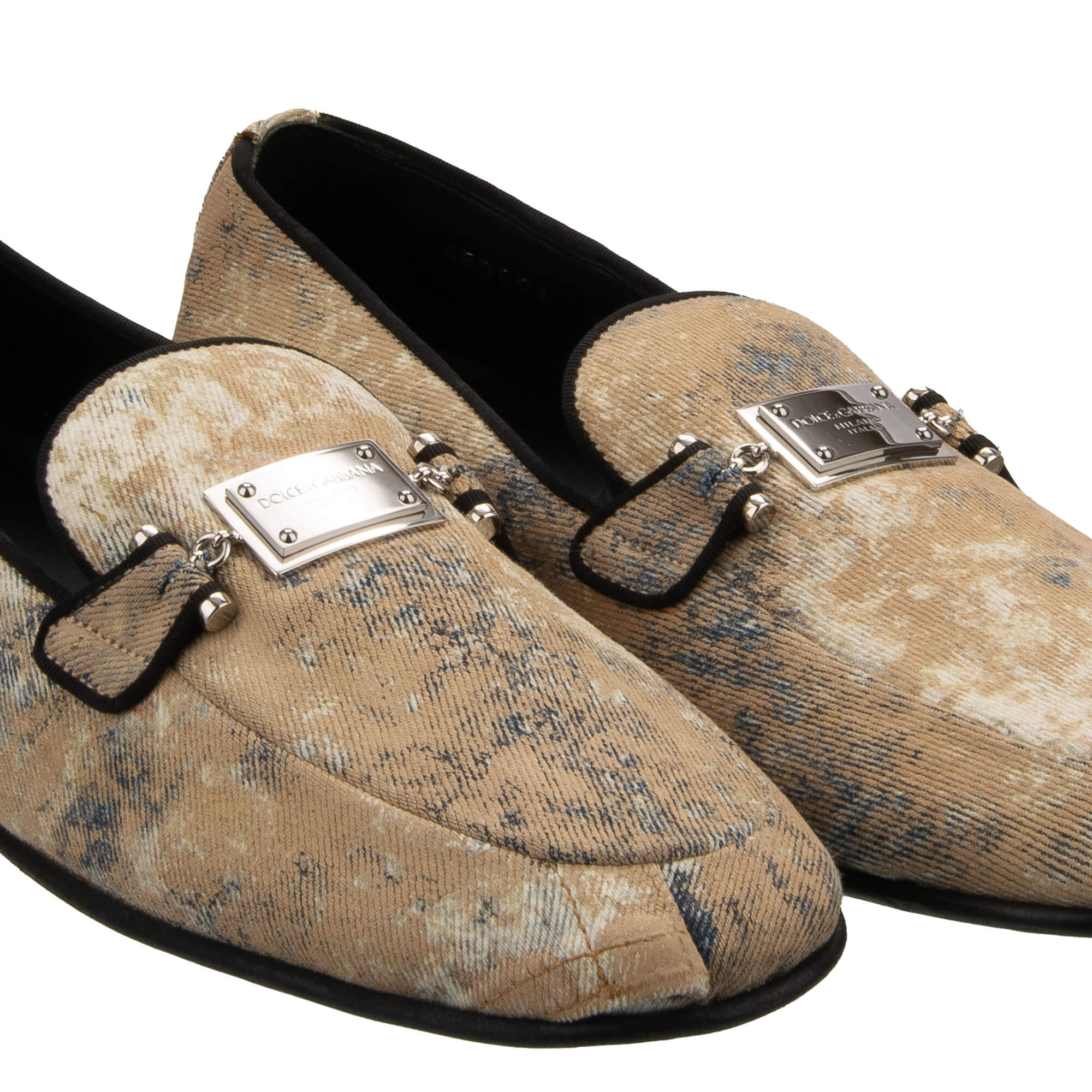 One of a kind coated effect denim fabric moccasins shoes ERICE with DG Metal Logo Plate in beige by DOLCE & GABBANA