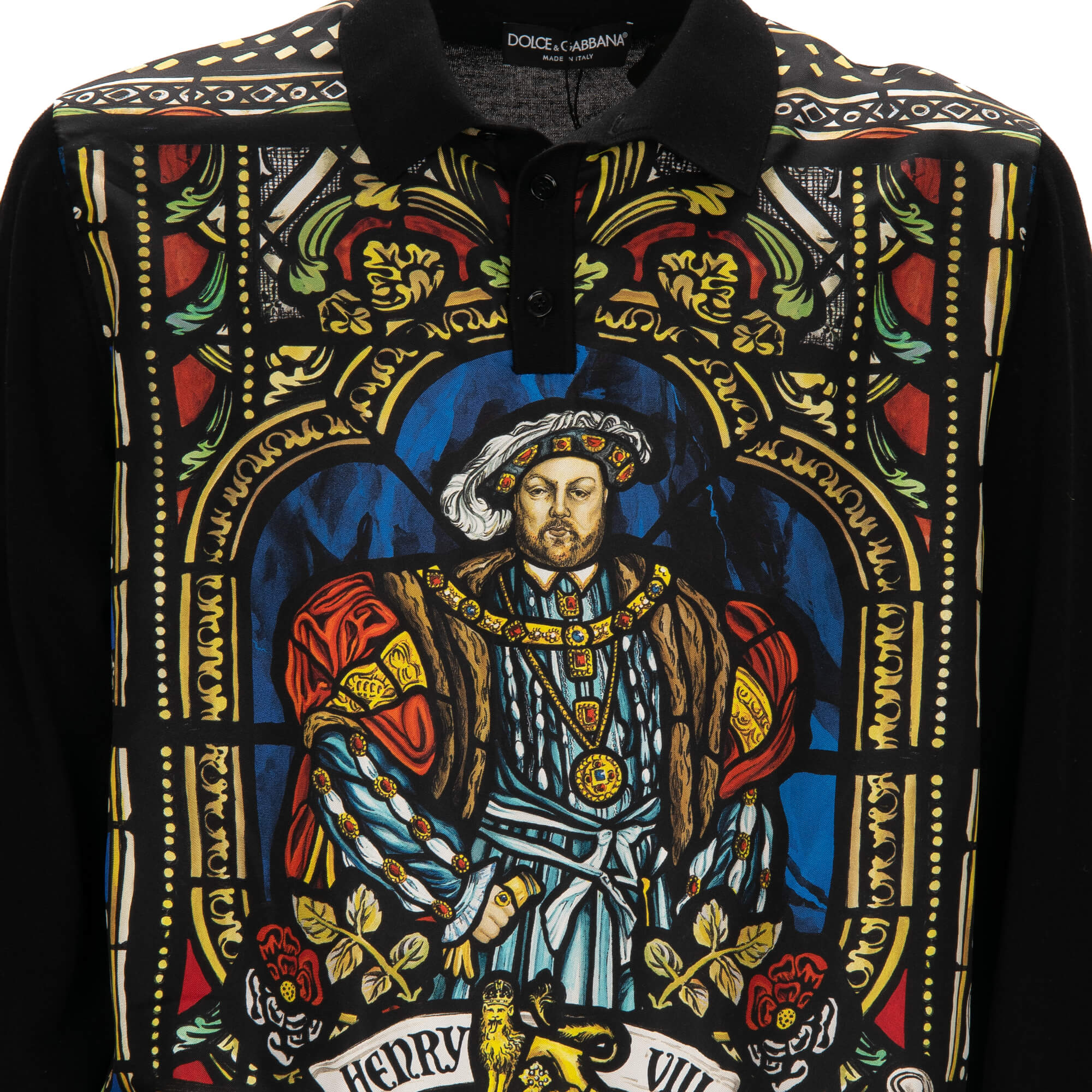 Silk Wool Polo Sweater with Henry VIII Print Black 48 M 