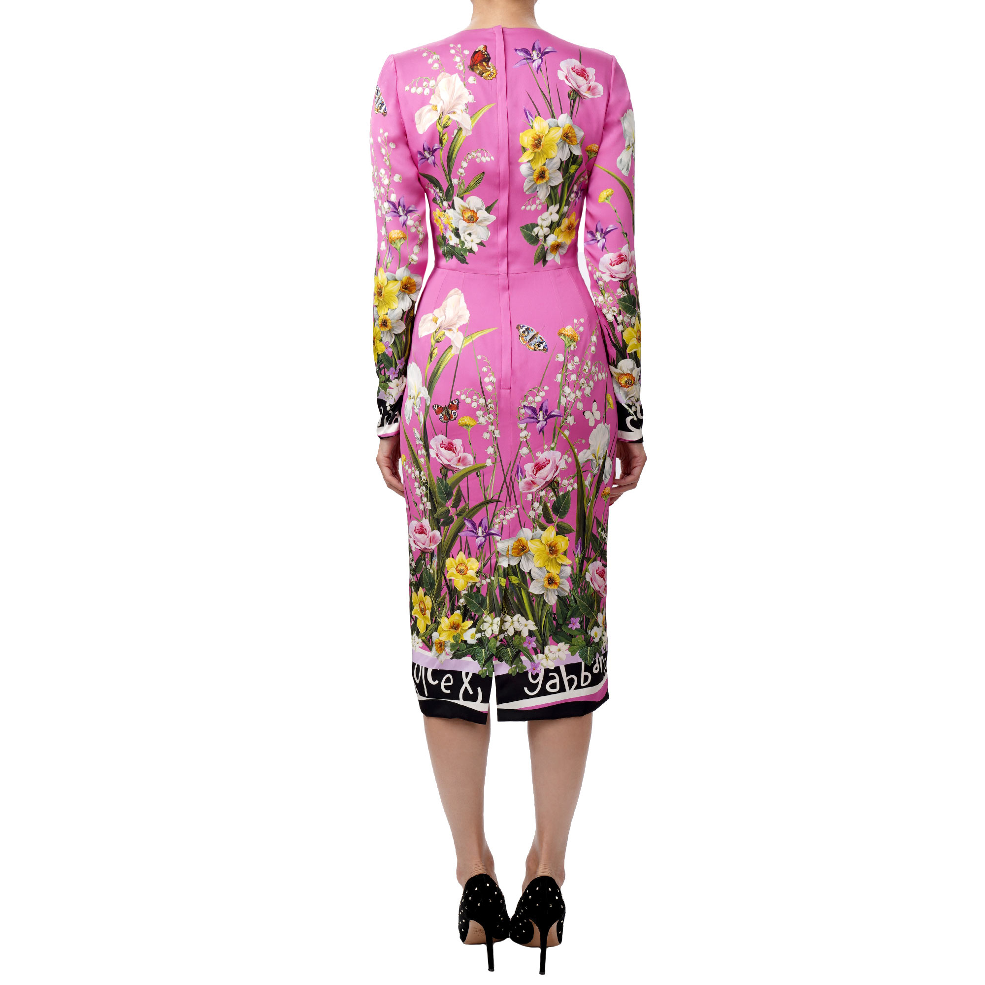 Silk dress with DG Logo, daffodil, lily of the valley flower and rabbit print in pink by DOLCE & GABBANA