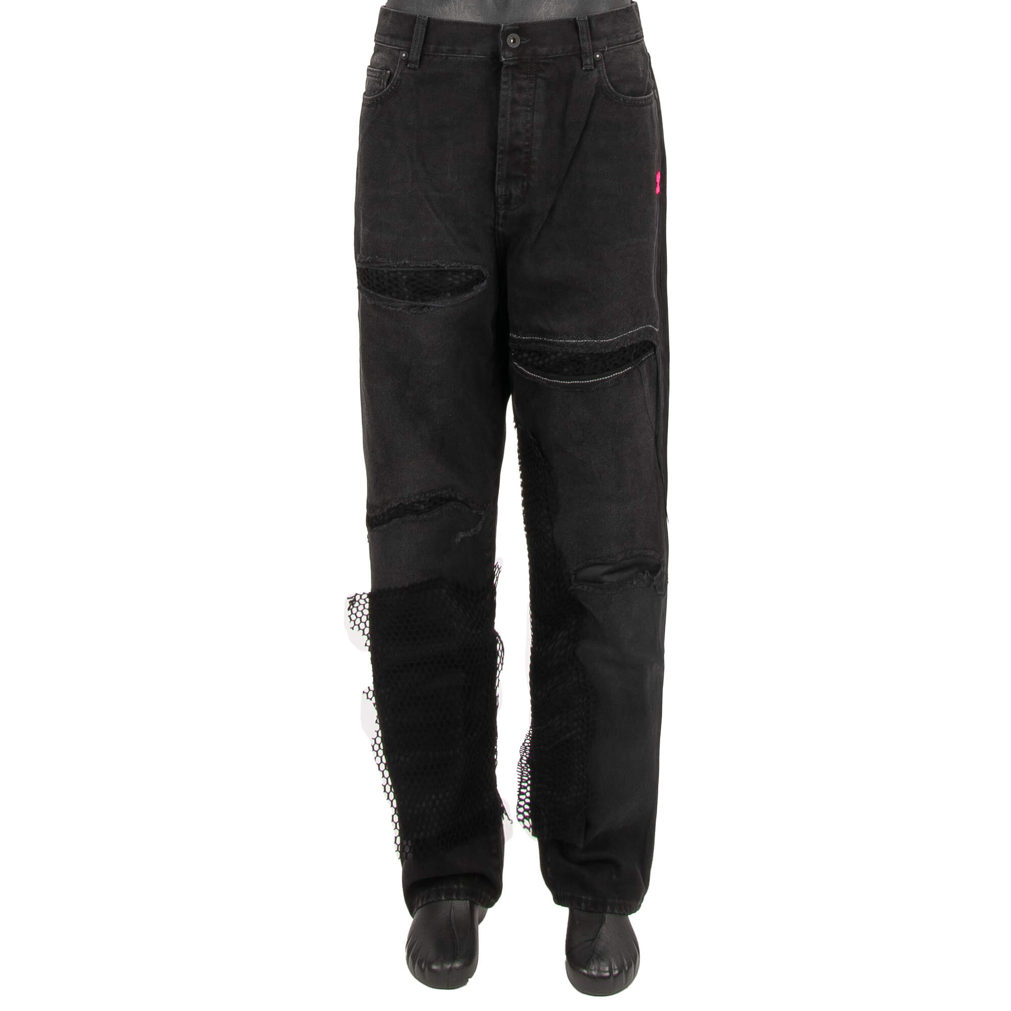 Off-White x Ed Bravado Baggy 90s Fit Jeans mit Netz Patches Schwarz 36 XL