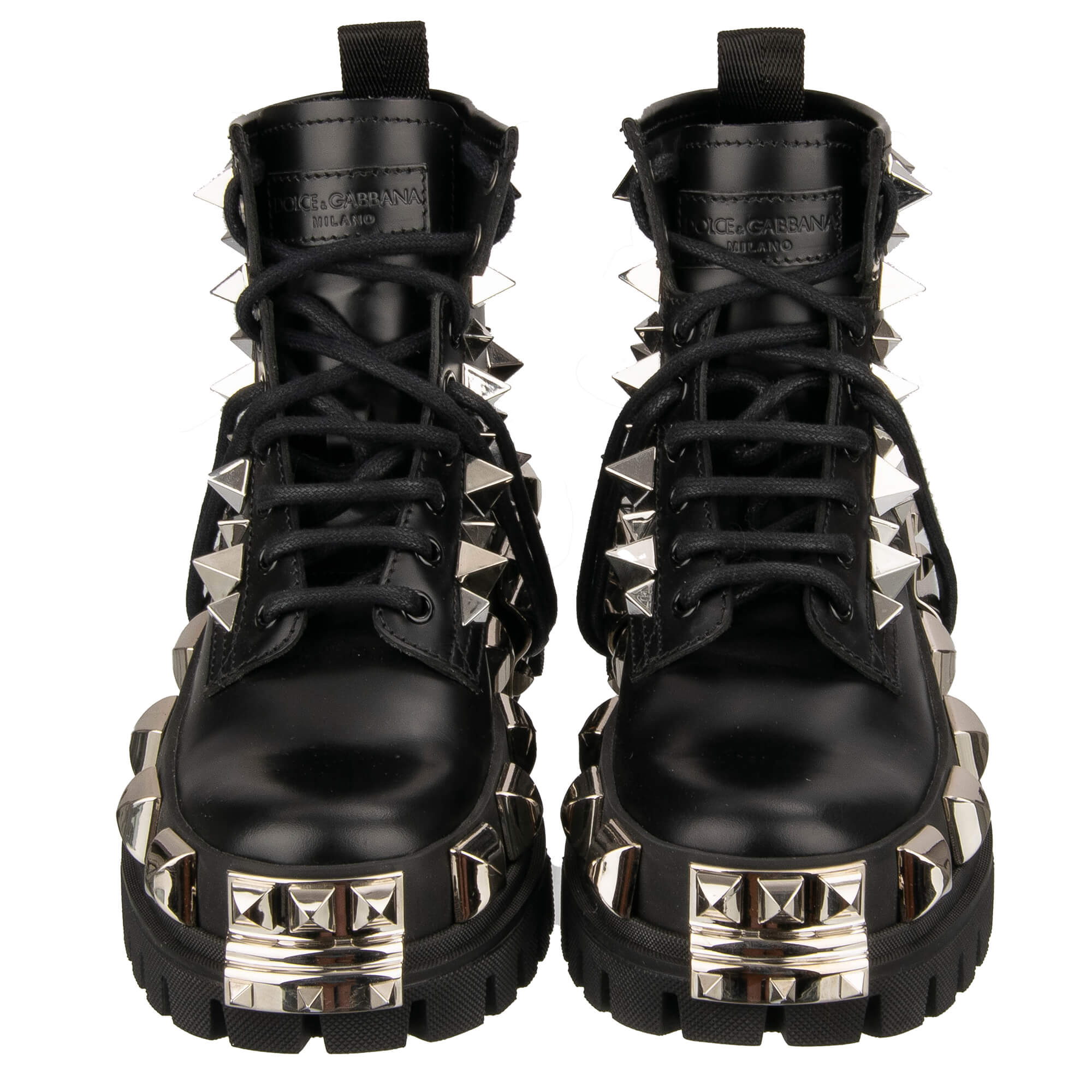 Leder Plateau Combat / Biker Stiefel mit überall verteilten Nieten in Schwarz von DOLCE & GABBANA