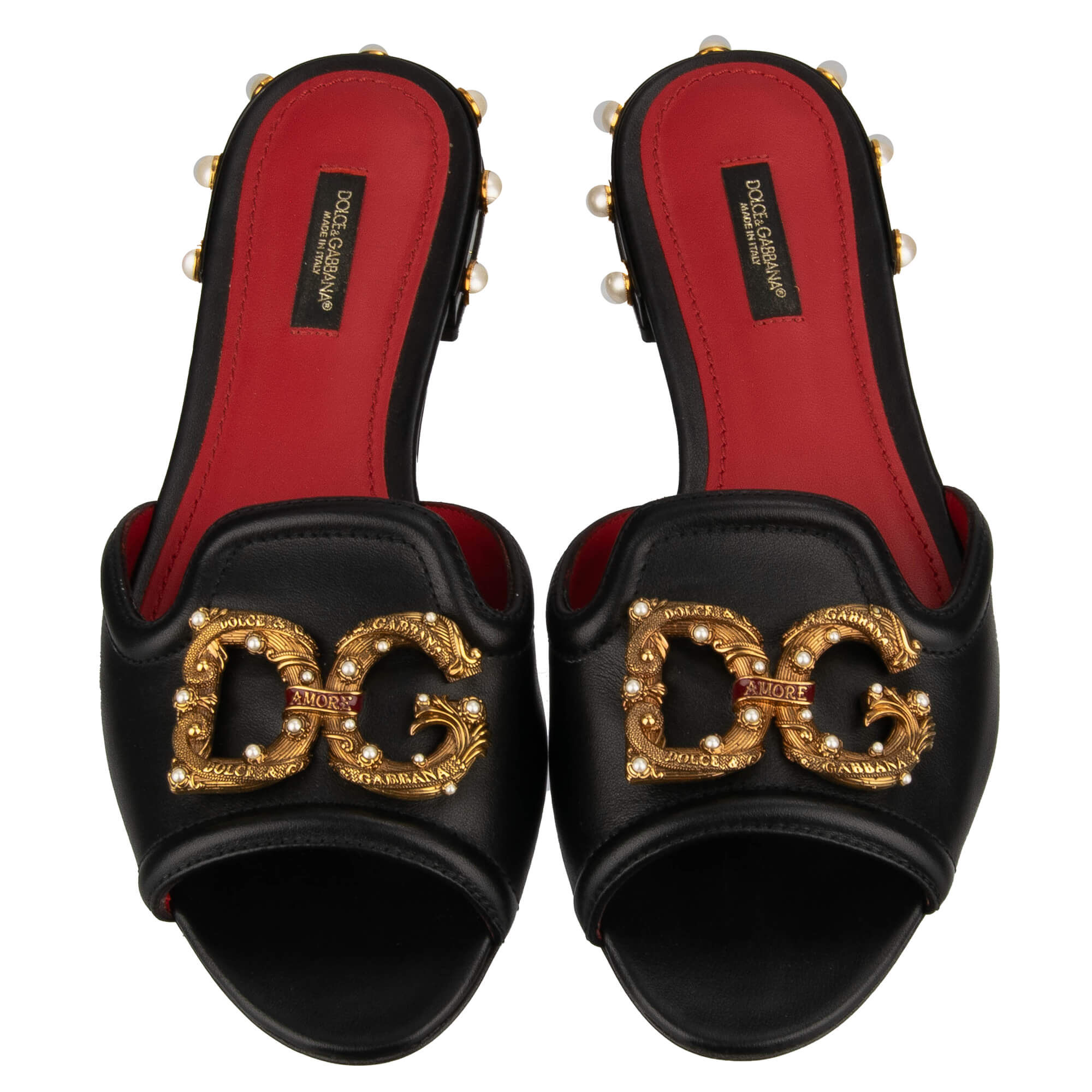 Slide Sandalen aus Leder mit DG Amore Logo und Perlen in schwarz von DOLCE & GABBANA