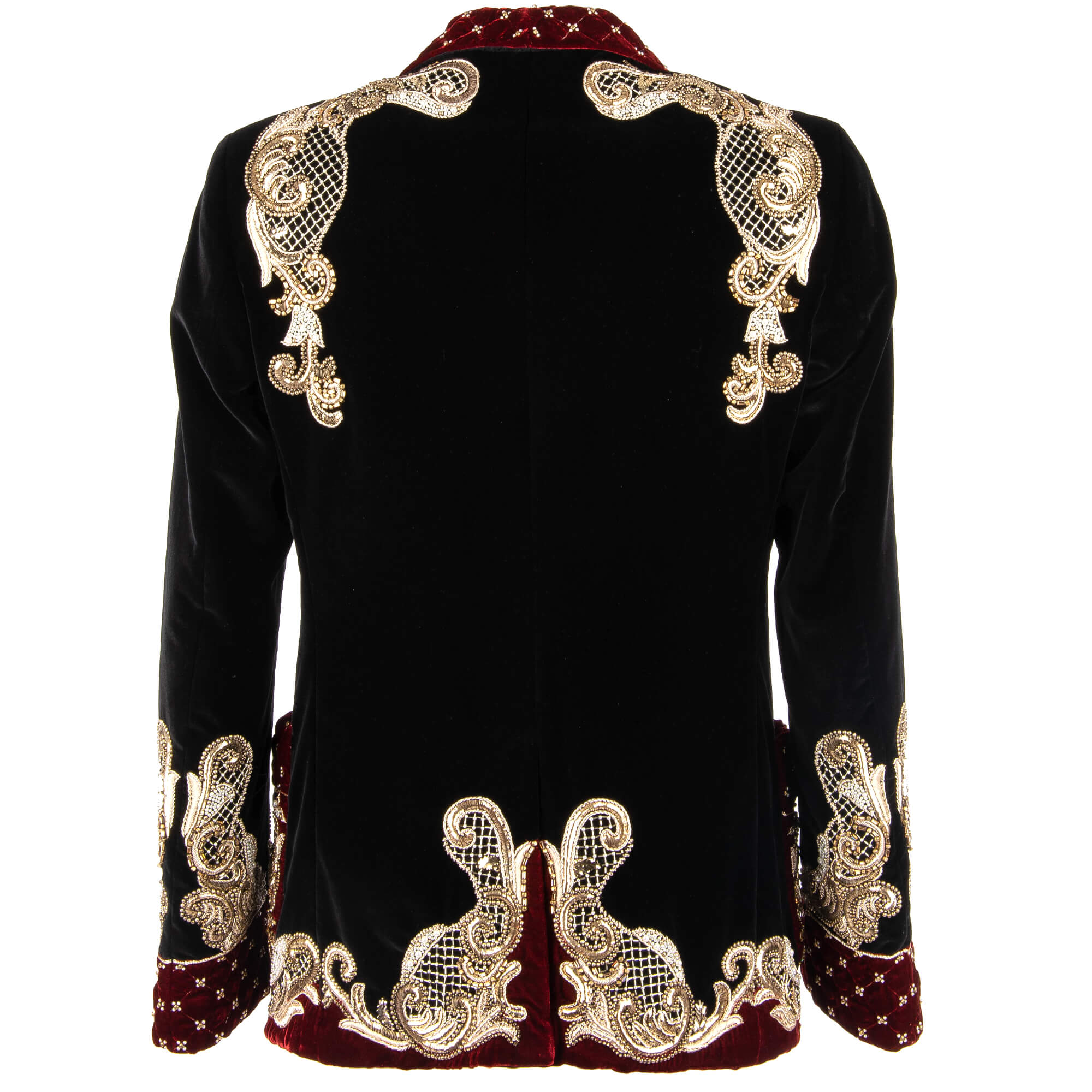 Stunning Baroque Style velvet tuxedo / blazer with handmade golden seam and pearls all-over embroidery, rope fastening studded shawl lapel and pockets by DOLCE & GABBANA