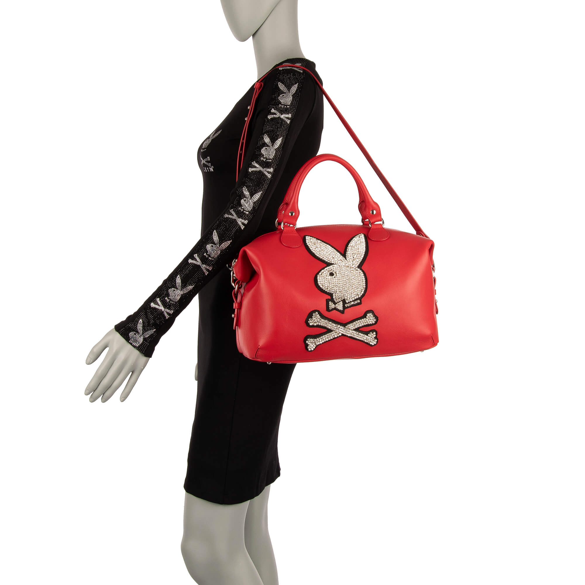 Handle Bag / Shoulder Bag with removable shoulder strap, a large crystals Plein Playboy Logo and metal logo plate by PHILIPP PLEIN x PLAYBOY