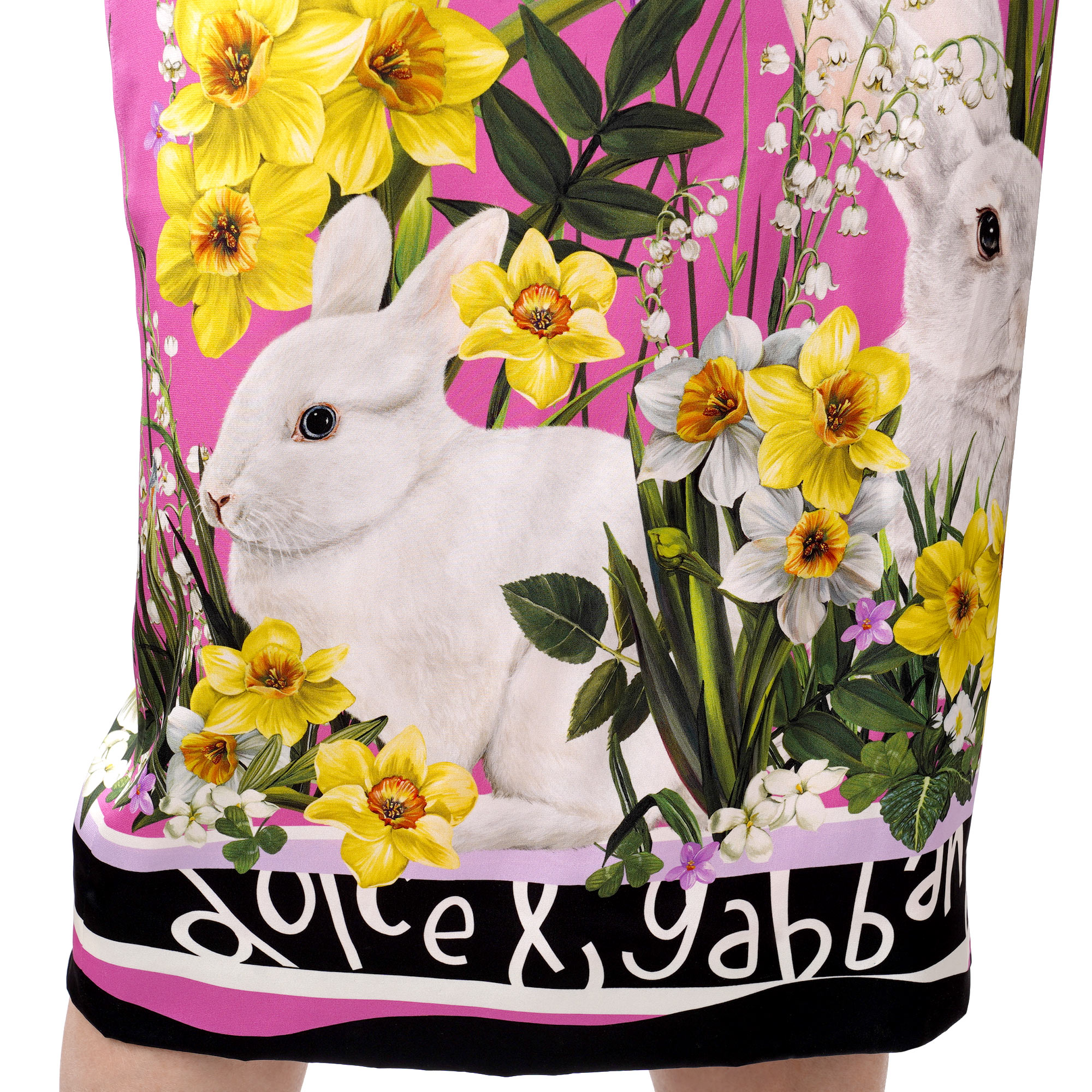 Silk dress with DG Logo, daffodil, lily of the valley flower and rabbit print in pink by DOLCE & GABBANA