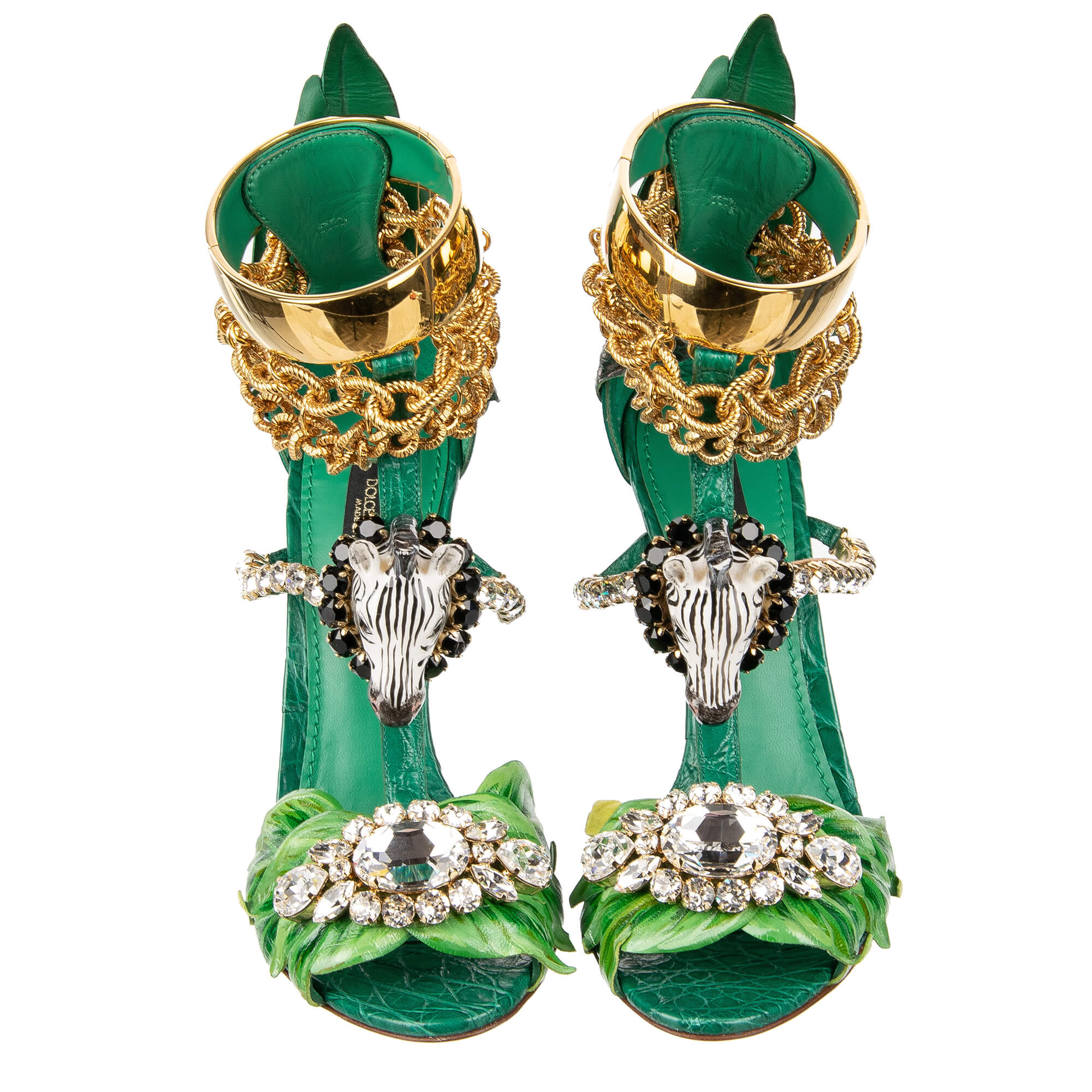 Tropische Pumps Sandalen KEIRA mit Hand bemahlten Elementen, Vogel, Zebra und Kristallen Ketten Riemchen in gold und grün von DOLCE & GABBANA