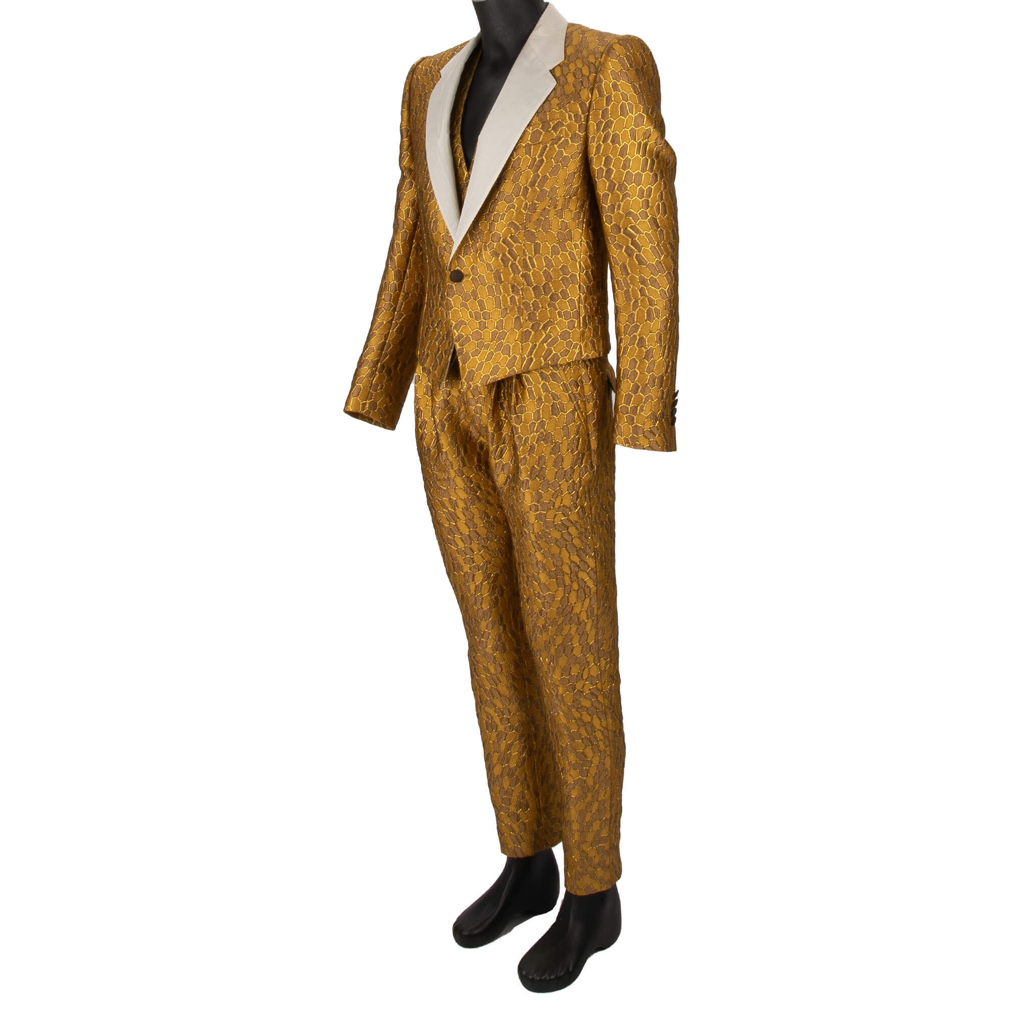 3-Teile Anzug aus Jacquard mit gekürztem Blazer und fallendem Revers in Gold und Weiß von DOLCE & GABBANA 