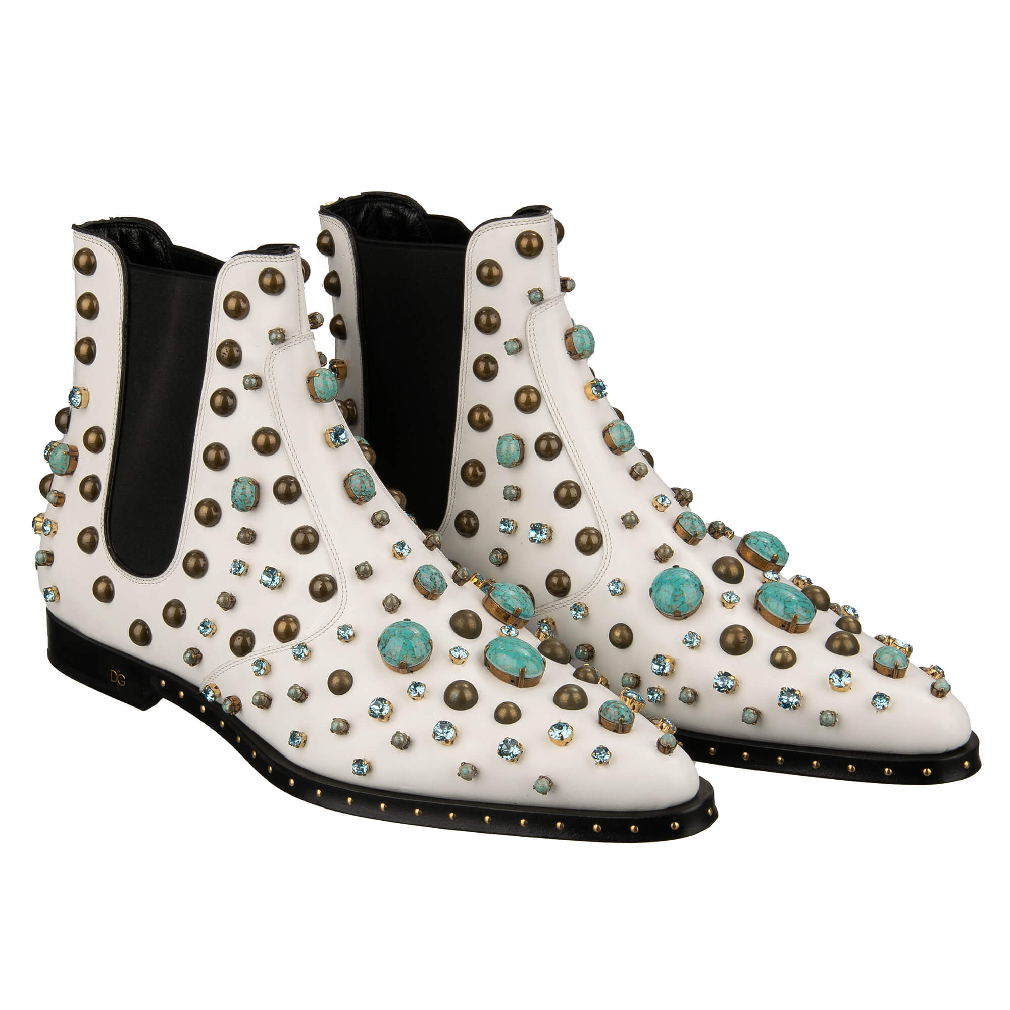 Stiefeletten Schuhe MILLENNIALS aus Leder mit Kristallen, Nieten und Steinen und Absatz mit DG Logo in Weiß von DOLCE & GABBANA