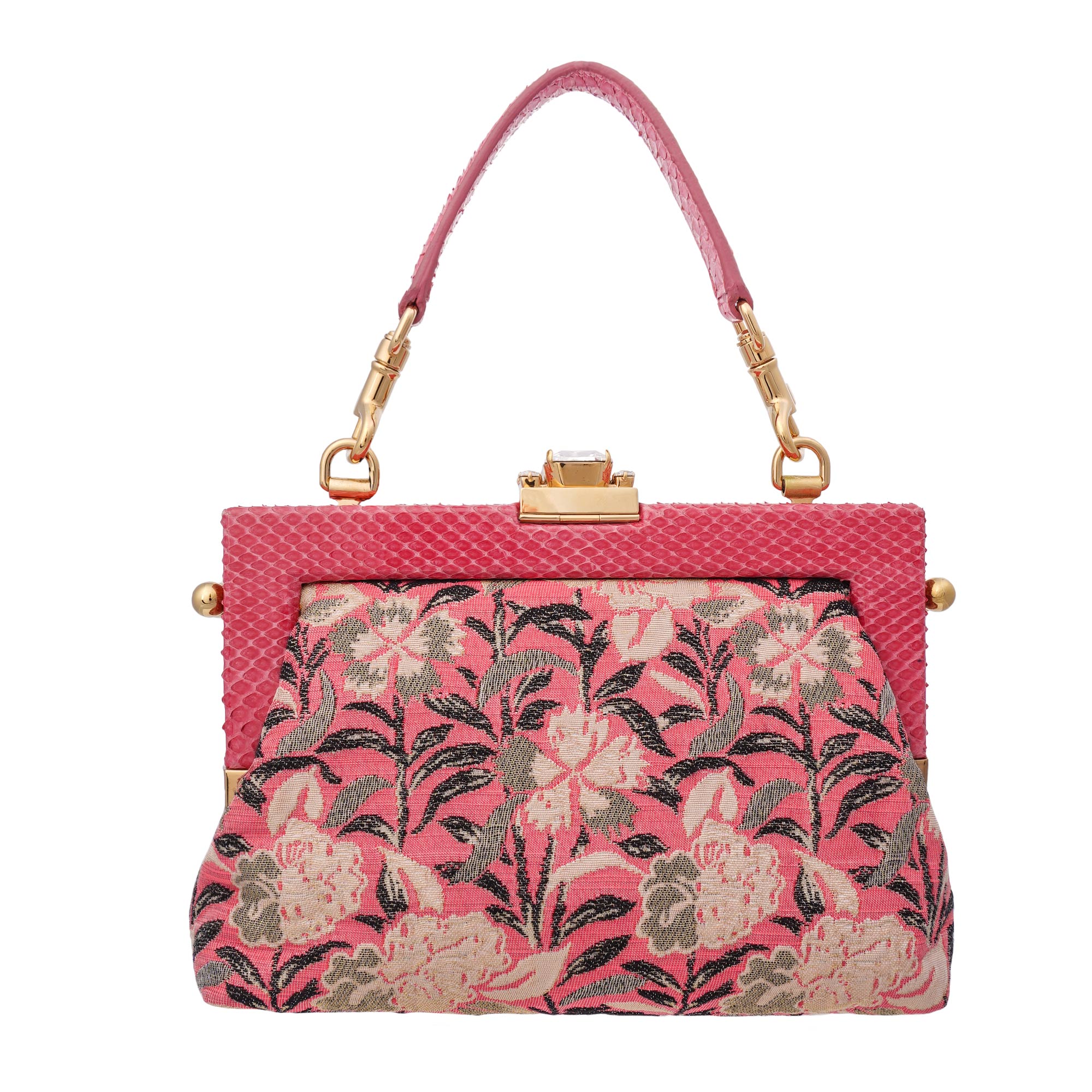 Einzigartige Clutch / Abendtasche VANDA aus Jacquard und Schlangenleder mit Kristallen, Kettenriemen und Griff aus Schlangenleder von DOLCE & GABBANA